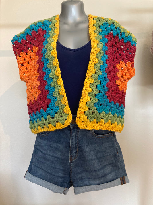 Hand Crocheted Bright Bold Primary Color Rainbow Cropped Vest