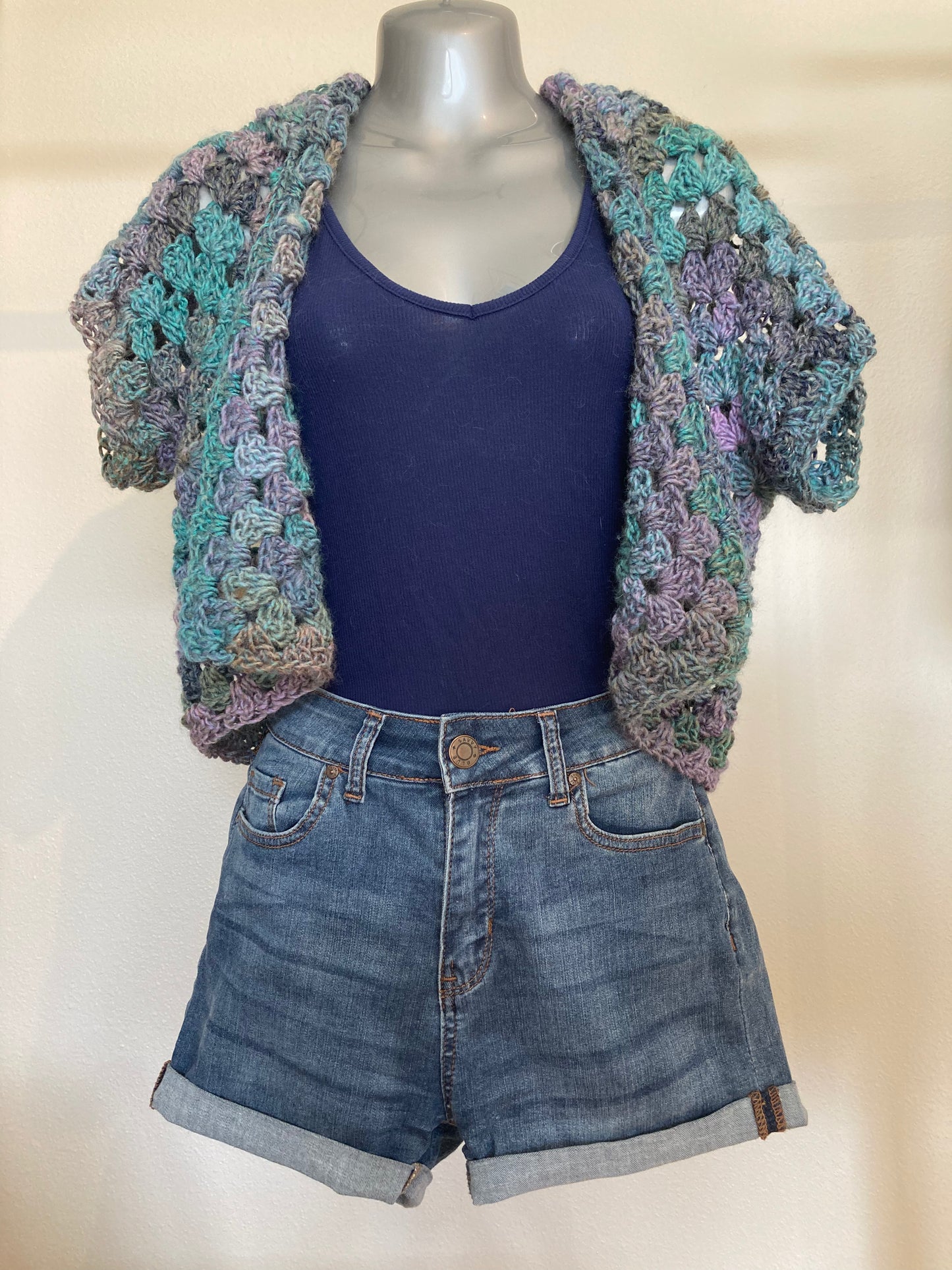 Hand Crocheted Dappled Mermaid Soft Tones Hooded Short Sleeve Shirt
