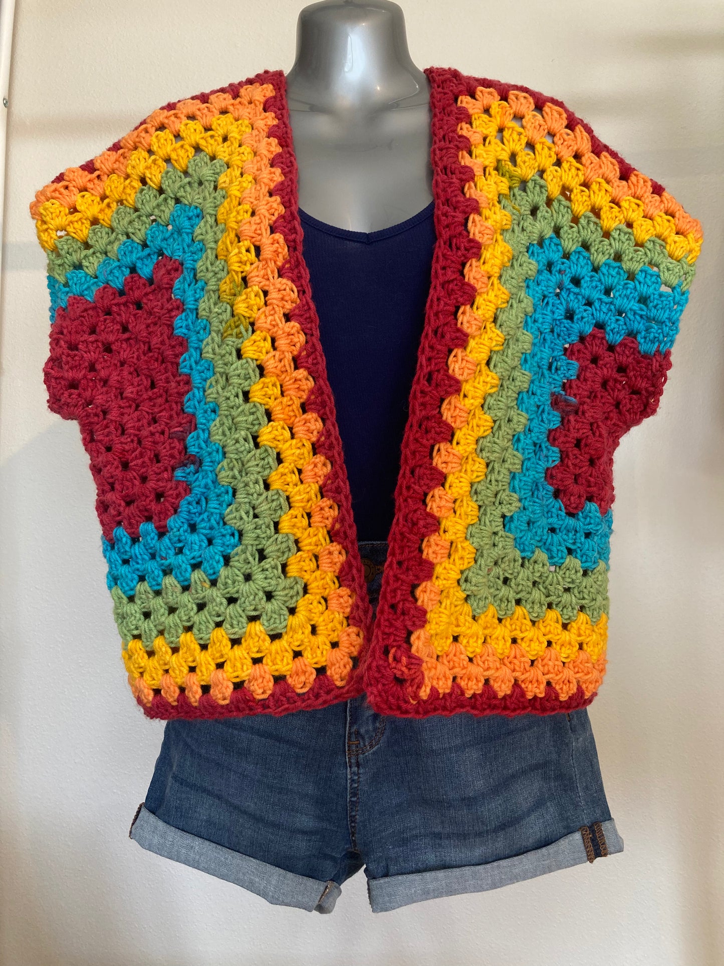 Hand Crocheted Bright Bold Primary Color Rainbow Cropped Vest