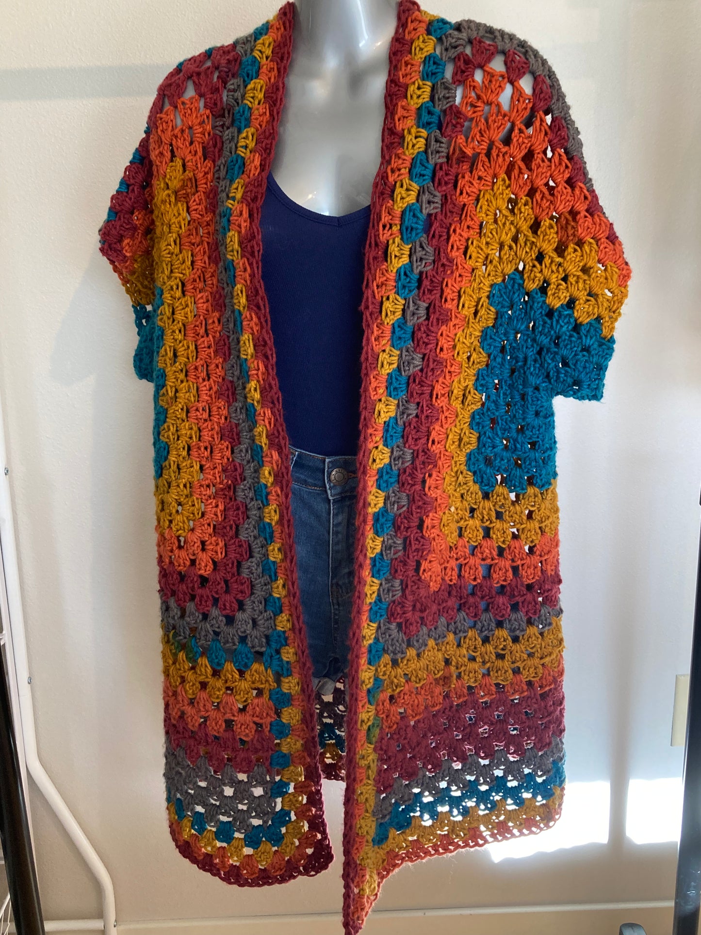 Hand Crocheted Extra Long Hexagon Tunic Shirt with Fun Muscle-T Sleeves Saturated Rainbow