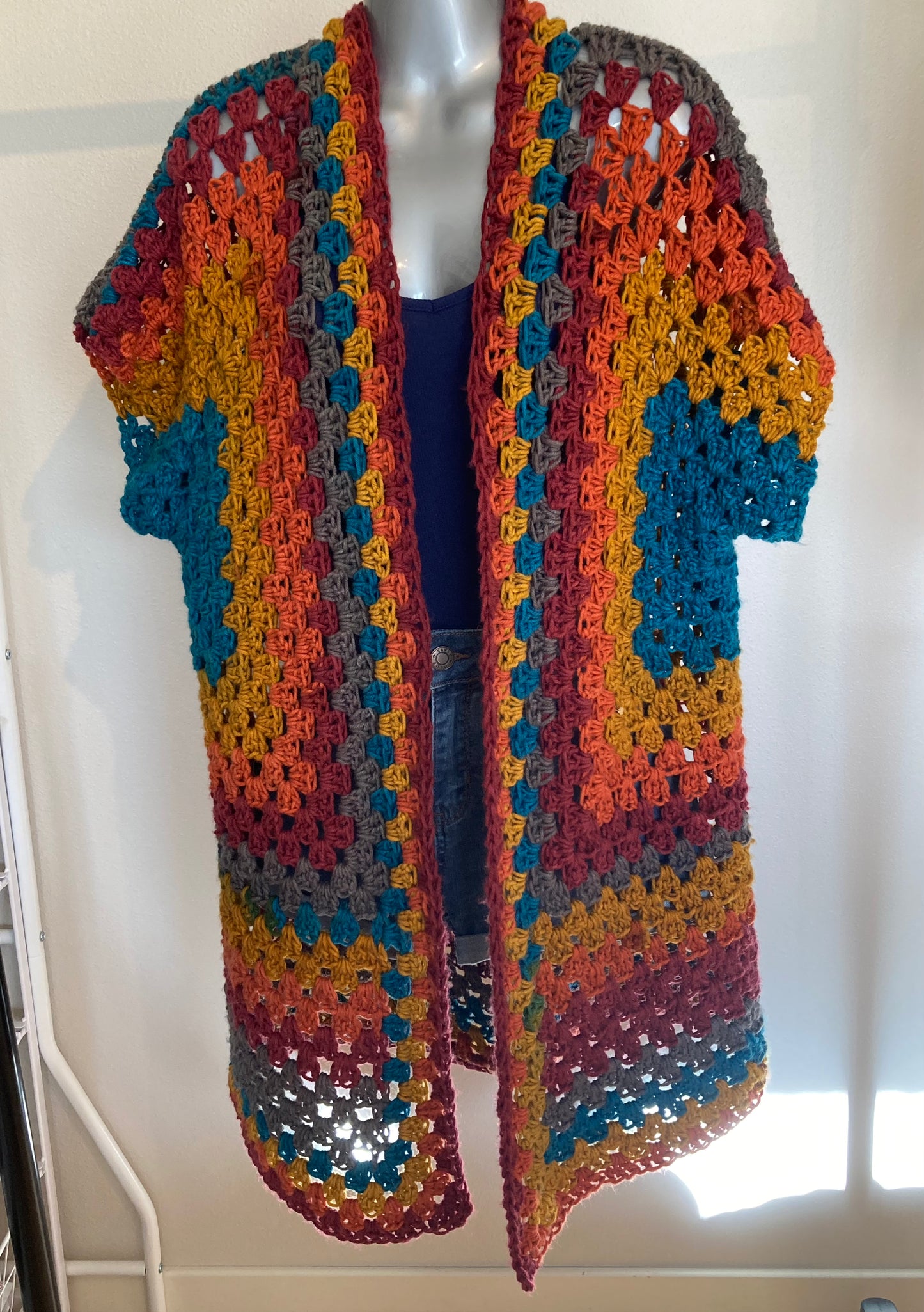 Hand Crocheted Extra Long Hexagon Tunic Shirt with Fun Muscle-T Sleeves Saturated Rainbow