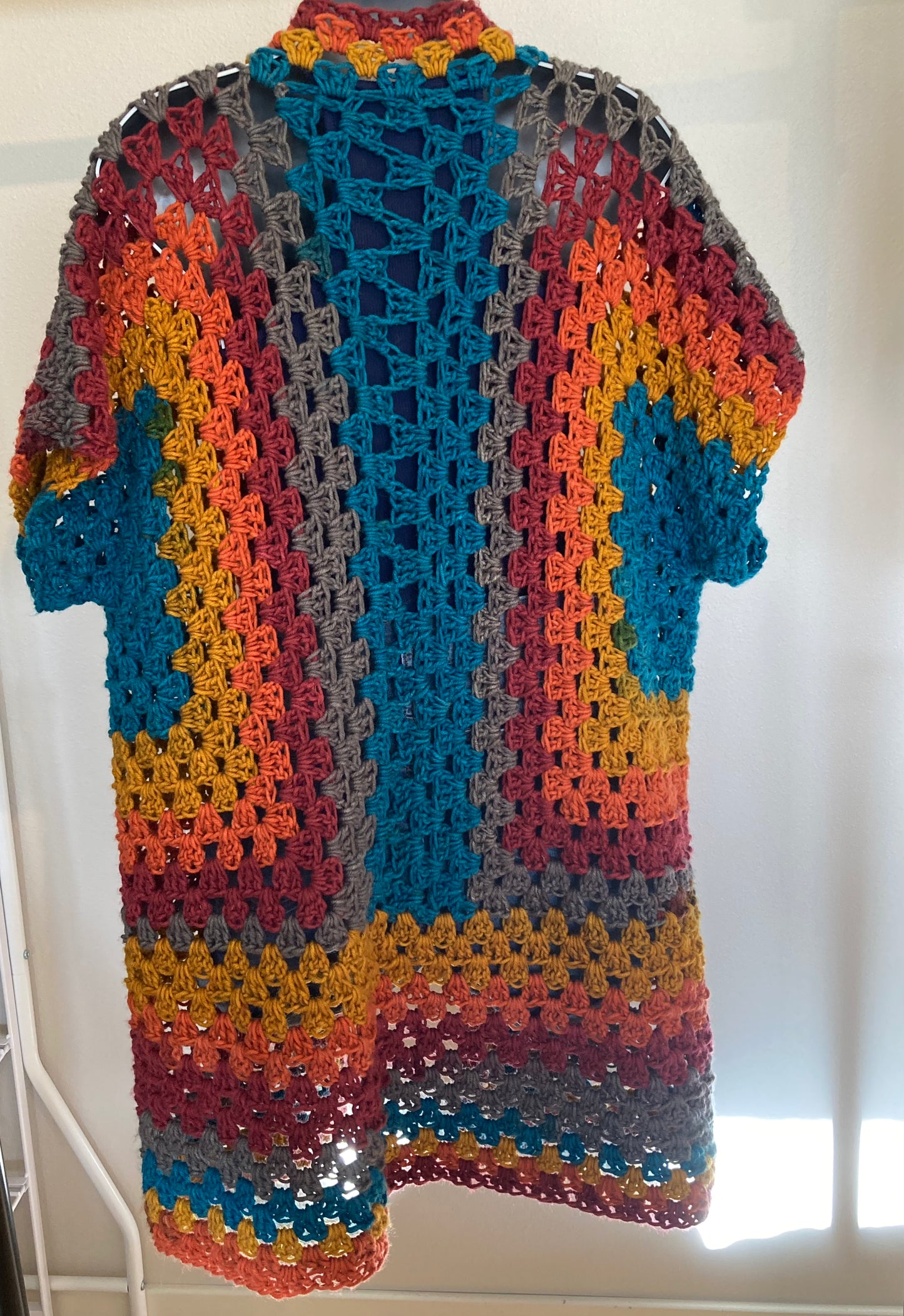 Hand Crocheted Extra Long Hexagon Tunic Shirt with Fun Muscle-T Sleeves Saturated Rainbow