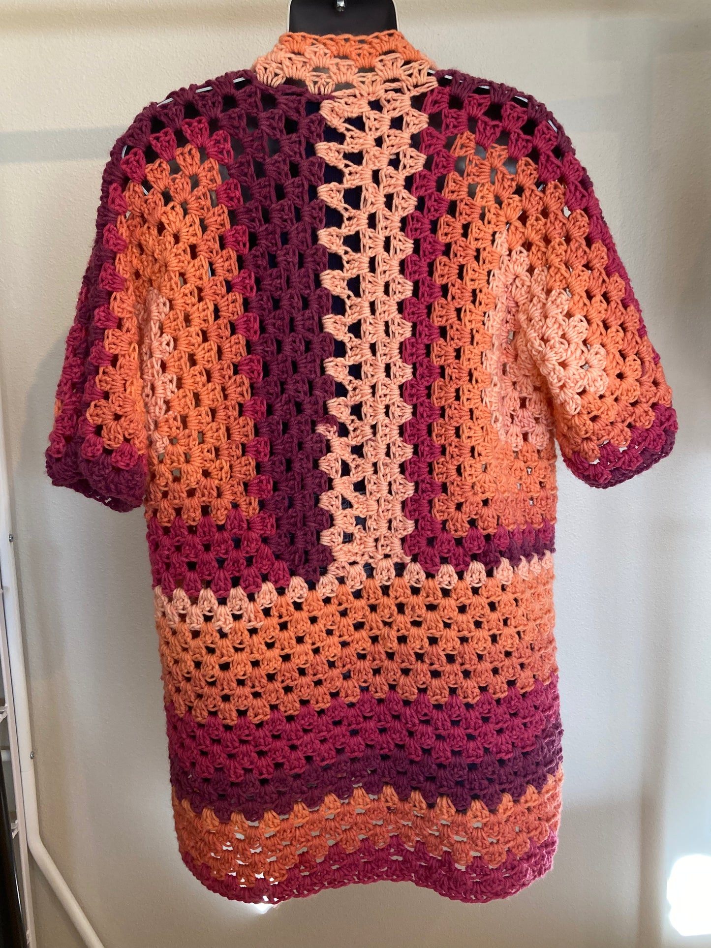 Hand Crocheted Soft Cozy Bright Vibrant Extra Long Hexagon Tunic Shirt with Fun Elbow Sleeves