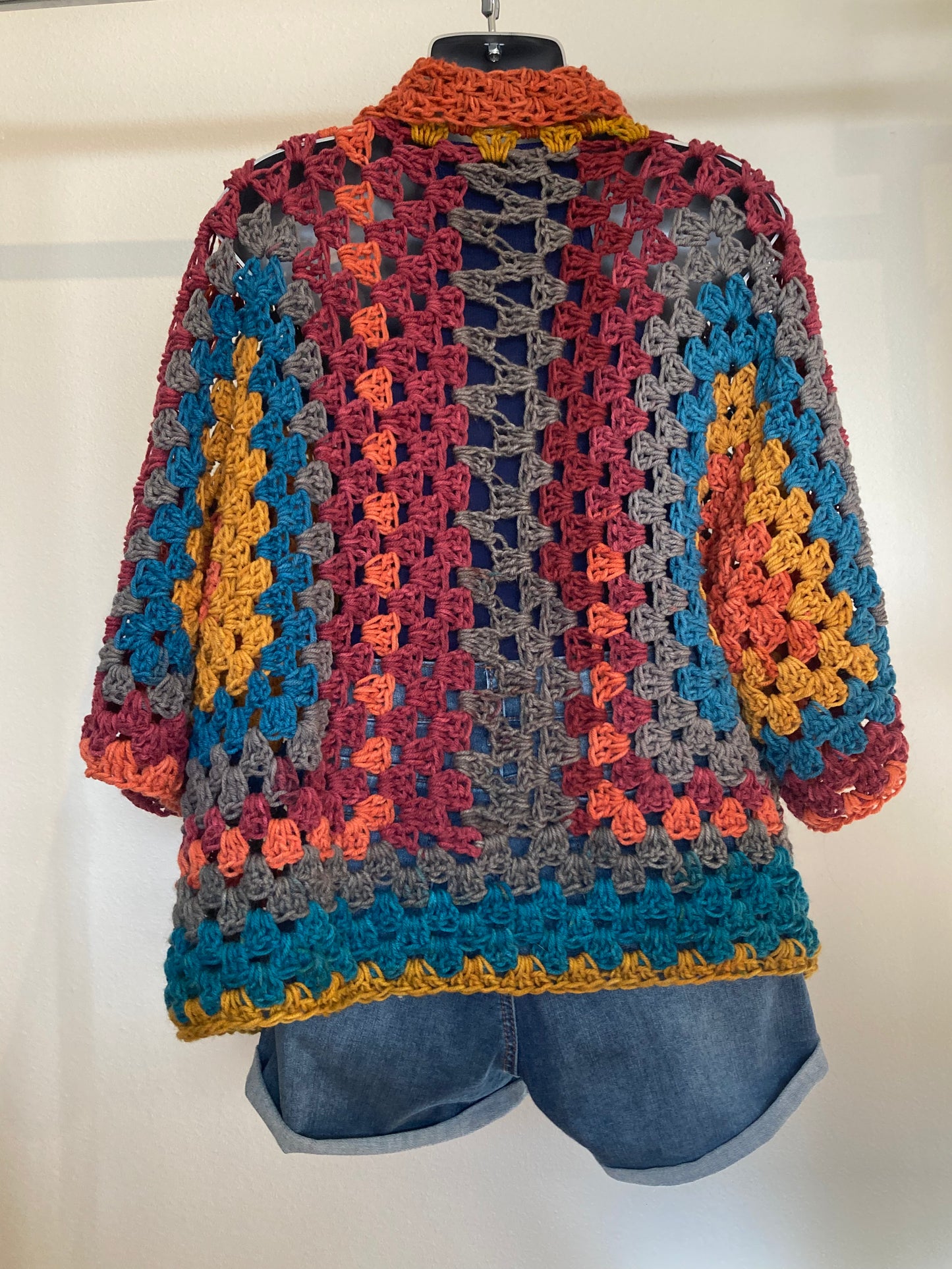 Hand Crocheted Vintage Inspired Collared Bowling Shirt Saturated Rainbow Tones