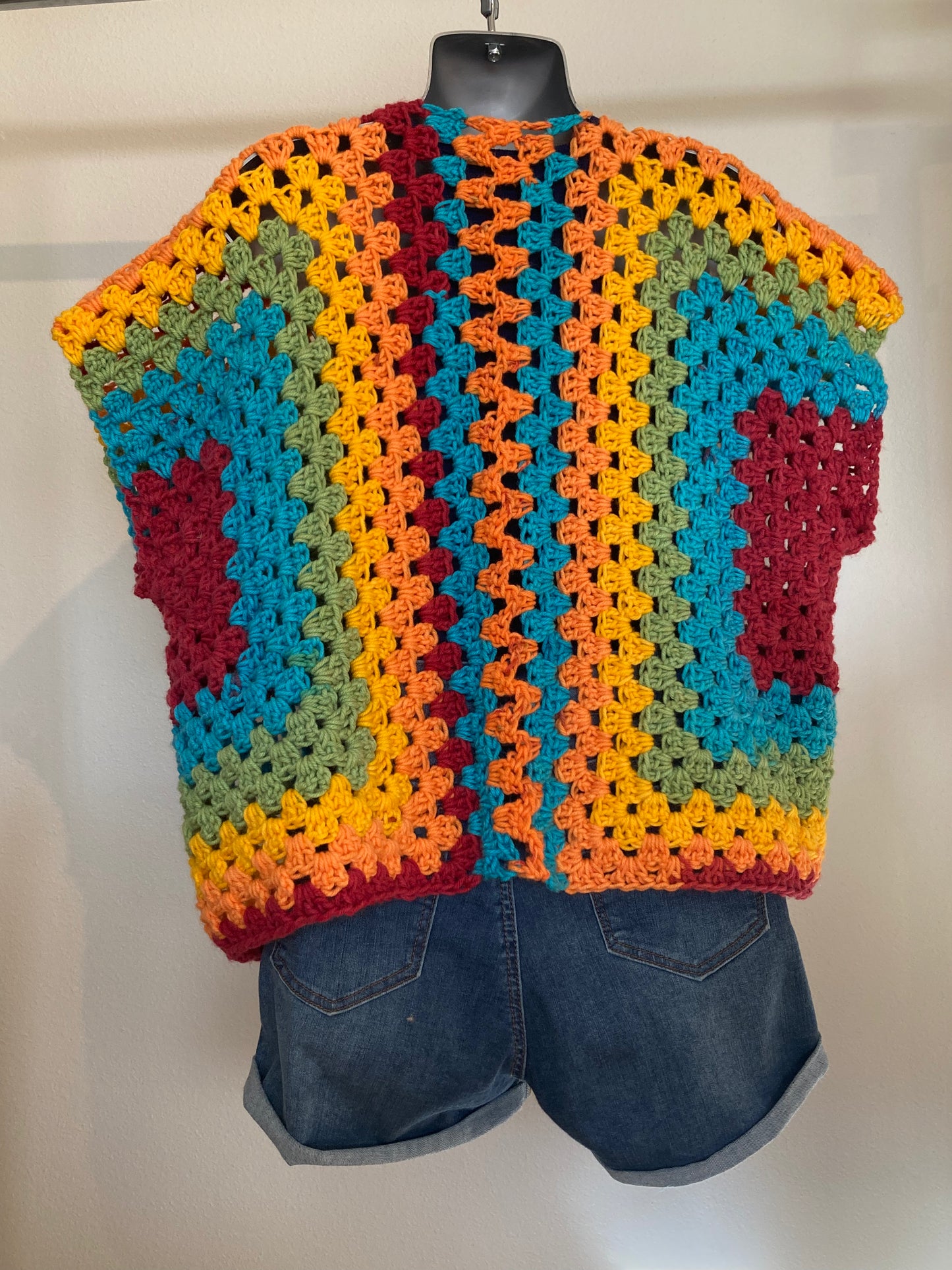 Hand Crocheted Bright Bold Primary Color Rainbow Cropped Vest