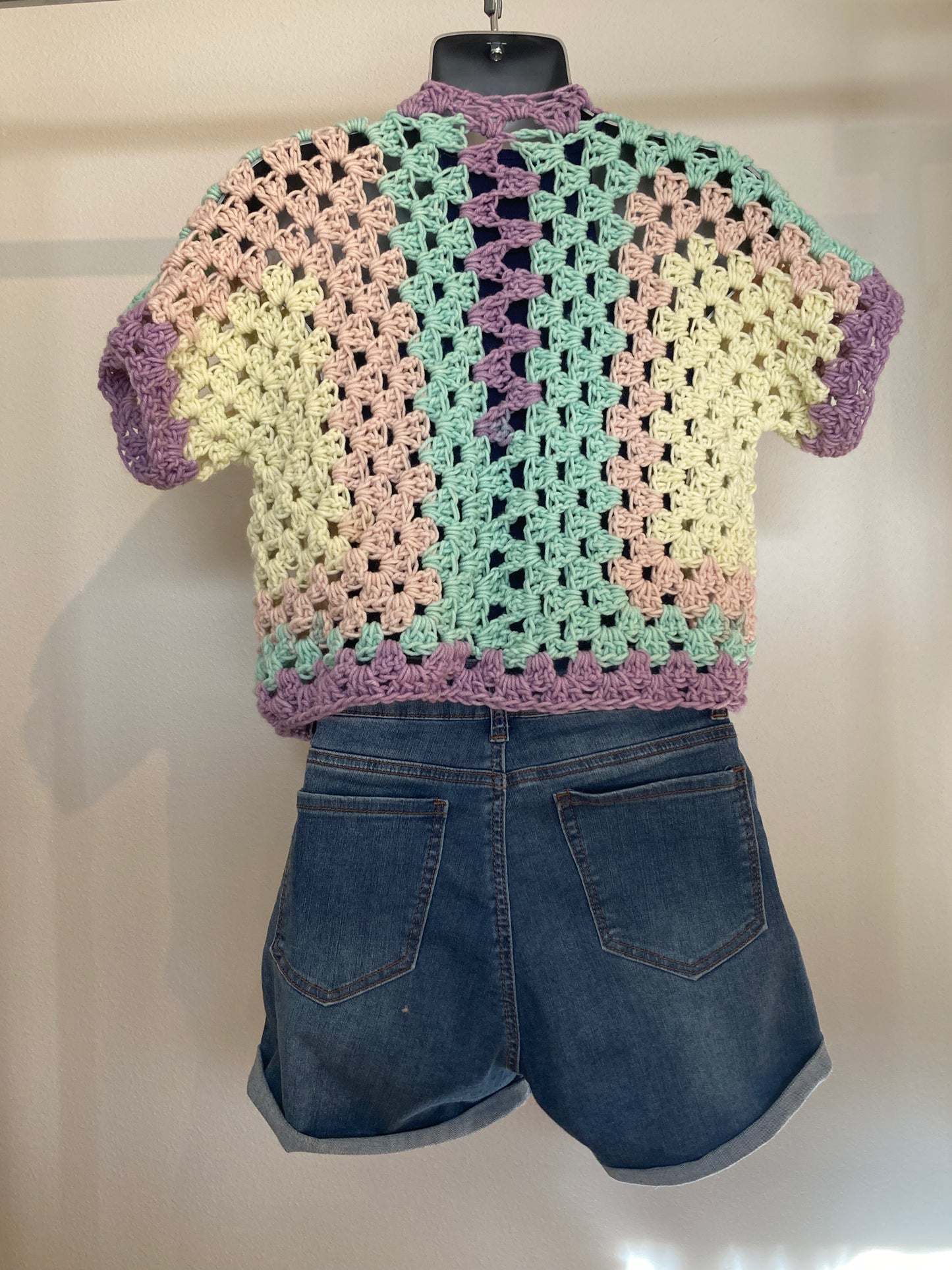 Hand Crocheted Sweet Desaturated Saltwater Taffy Tones Short Sleeve Shirt Vest