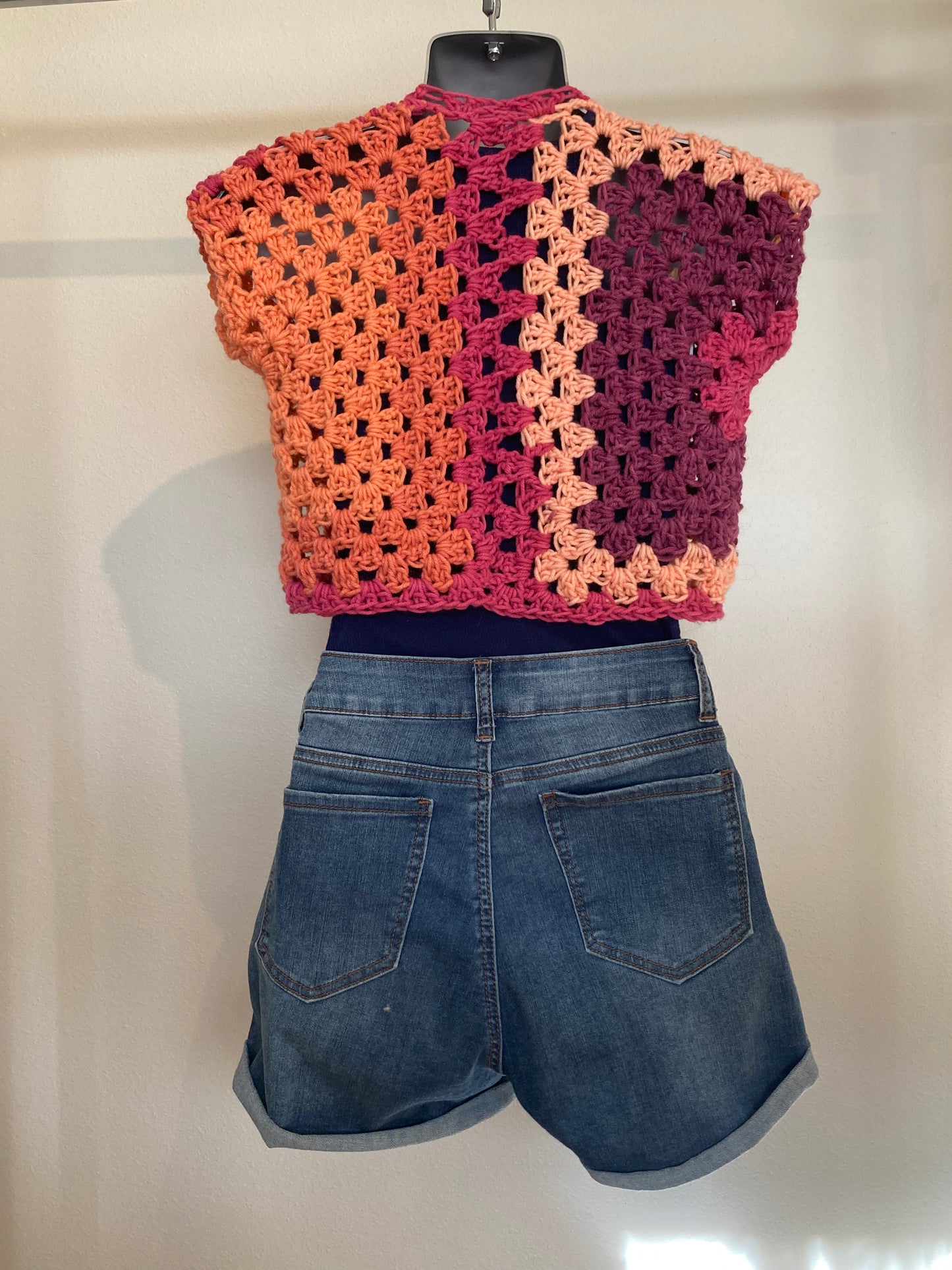Hand Crocheted Soft Cozy Bright Vibrant Short Vest with Fun Muscle-T Sleeves