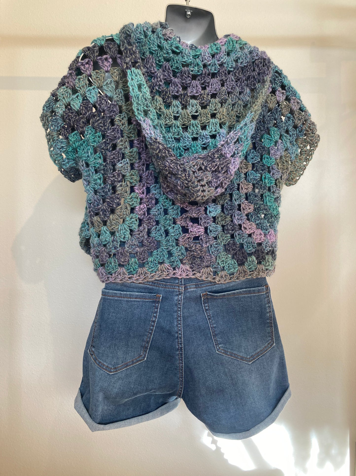 Hand Crocheted Dappled Mermaid Soft Tones Hooded Short Sleeve Shirt