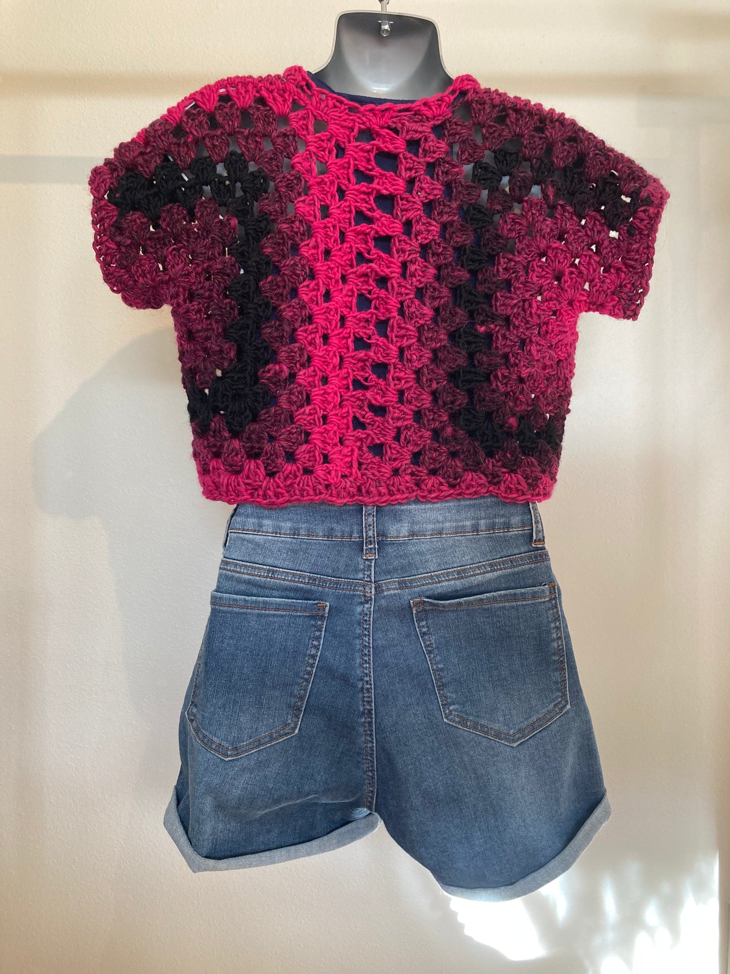 Hand Crocheted Intense Magenta Black Ombre Cropped Vest