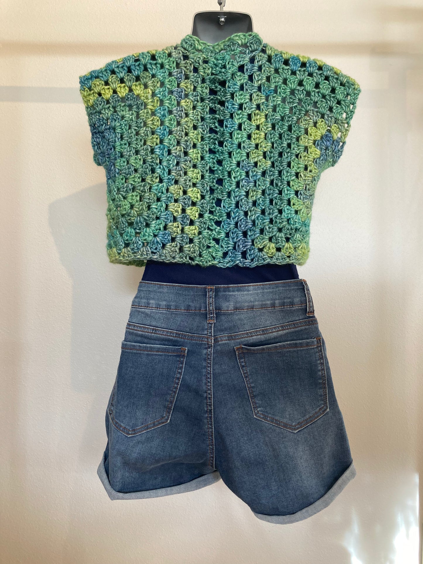 Hand Crocheted Dappled Greens Lustrous Cropped Vest