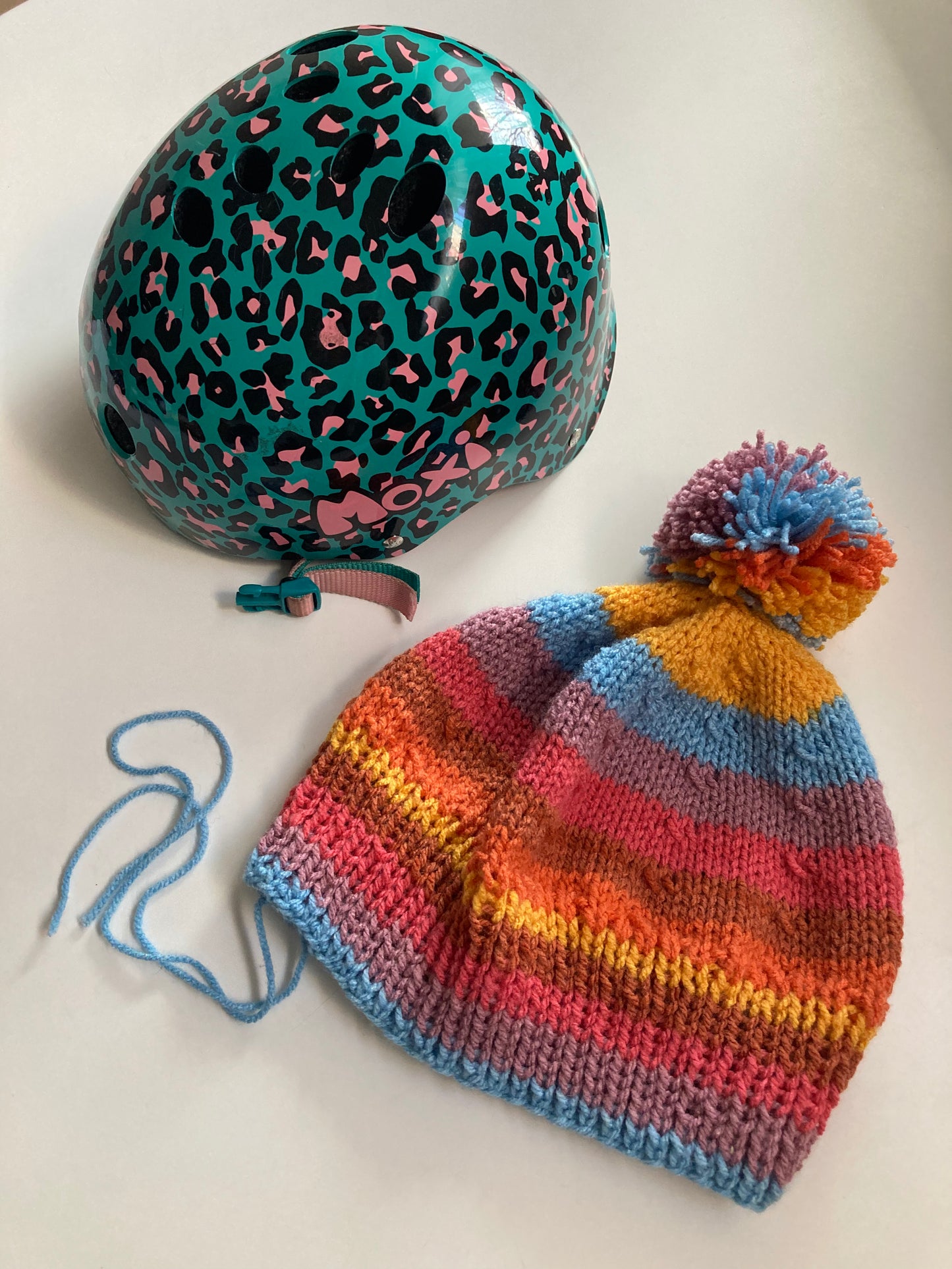 Handknitted Helmet Beanie with Extra Large Pom Pom in Rainbow Stripes #2