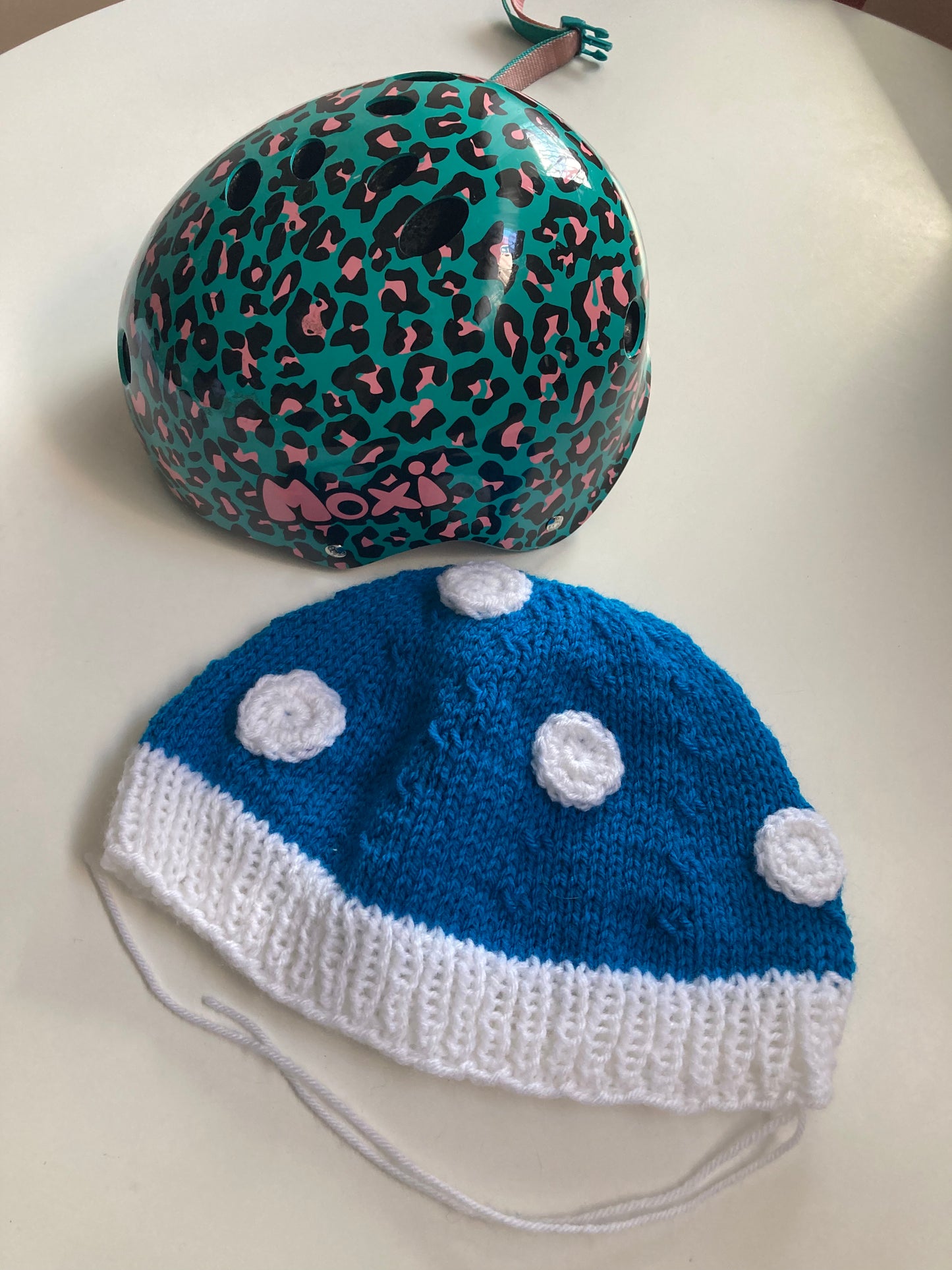 Handknitted and Crocheted Mushroom Helmet Beanie in Electric Blue