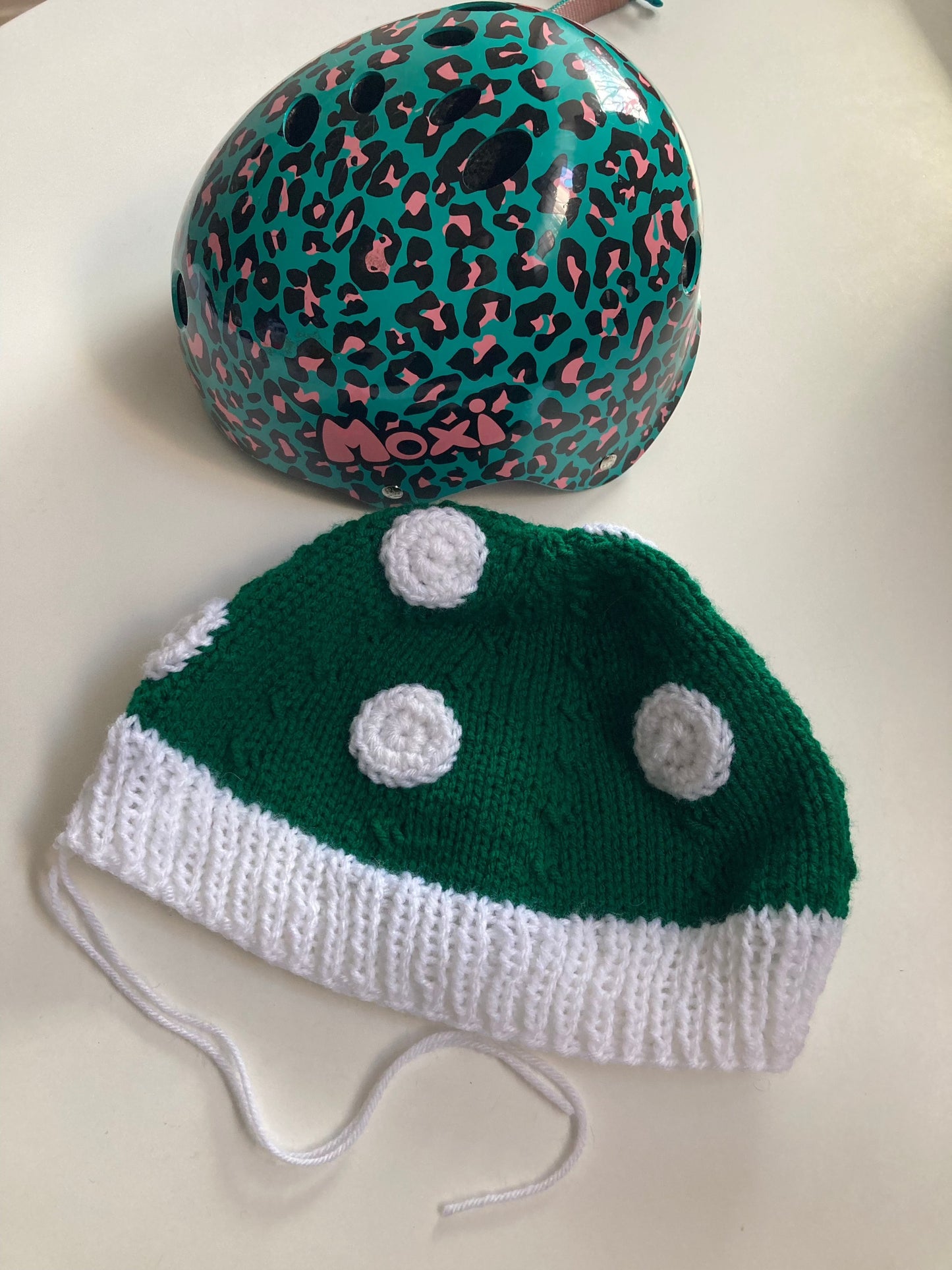 Handknitted and Crocheted Mushroom Helmet Beanie in Bold Green