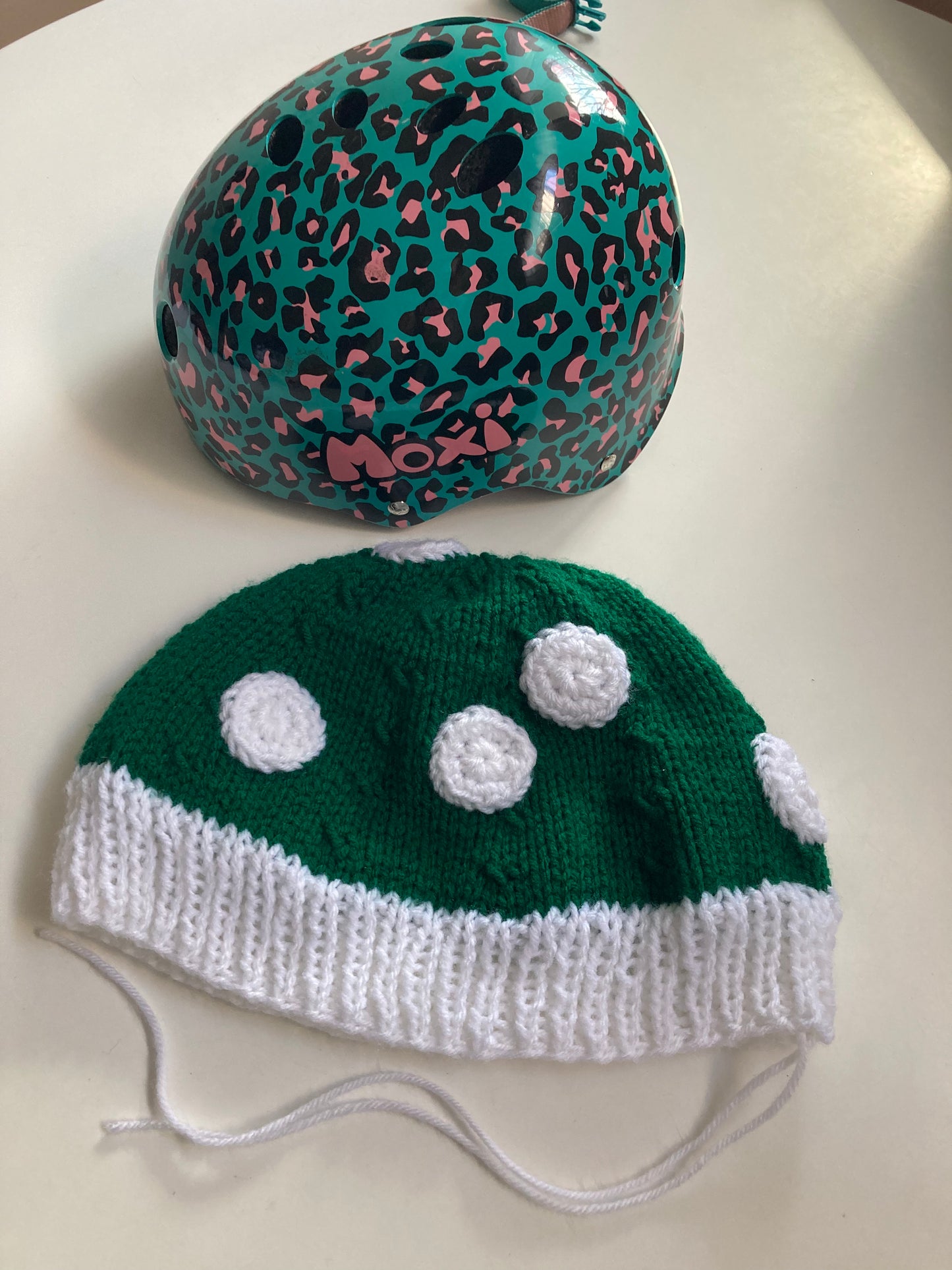 Handknitted and Crocheted Mushroom Helmet Beanie in Bold Green