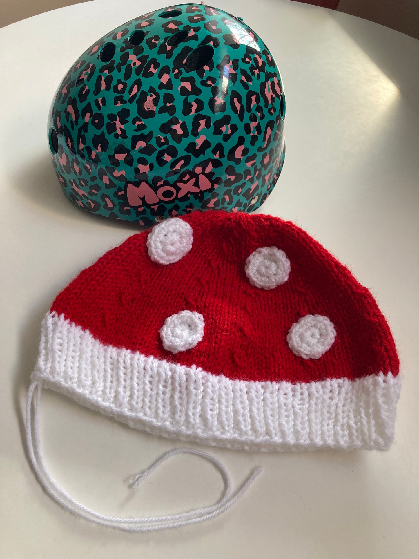 Handknitted and Crocheted Mushroom Helmet Beanie in Bright Red