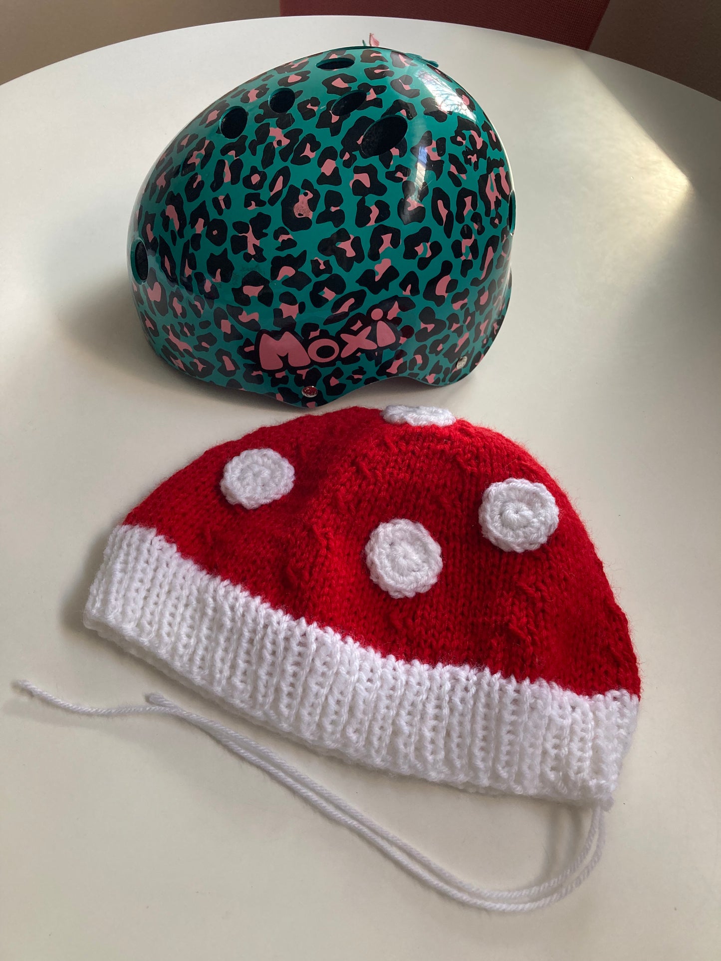 Handknitted and Crocheted Mushroom Helmet Beanie in Bright Red