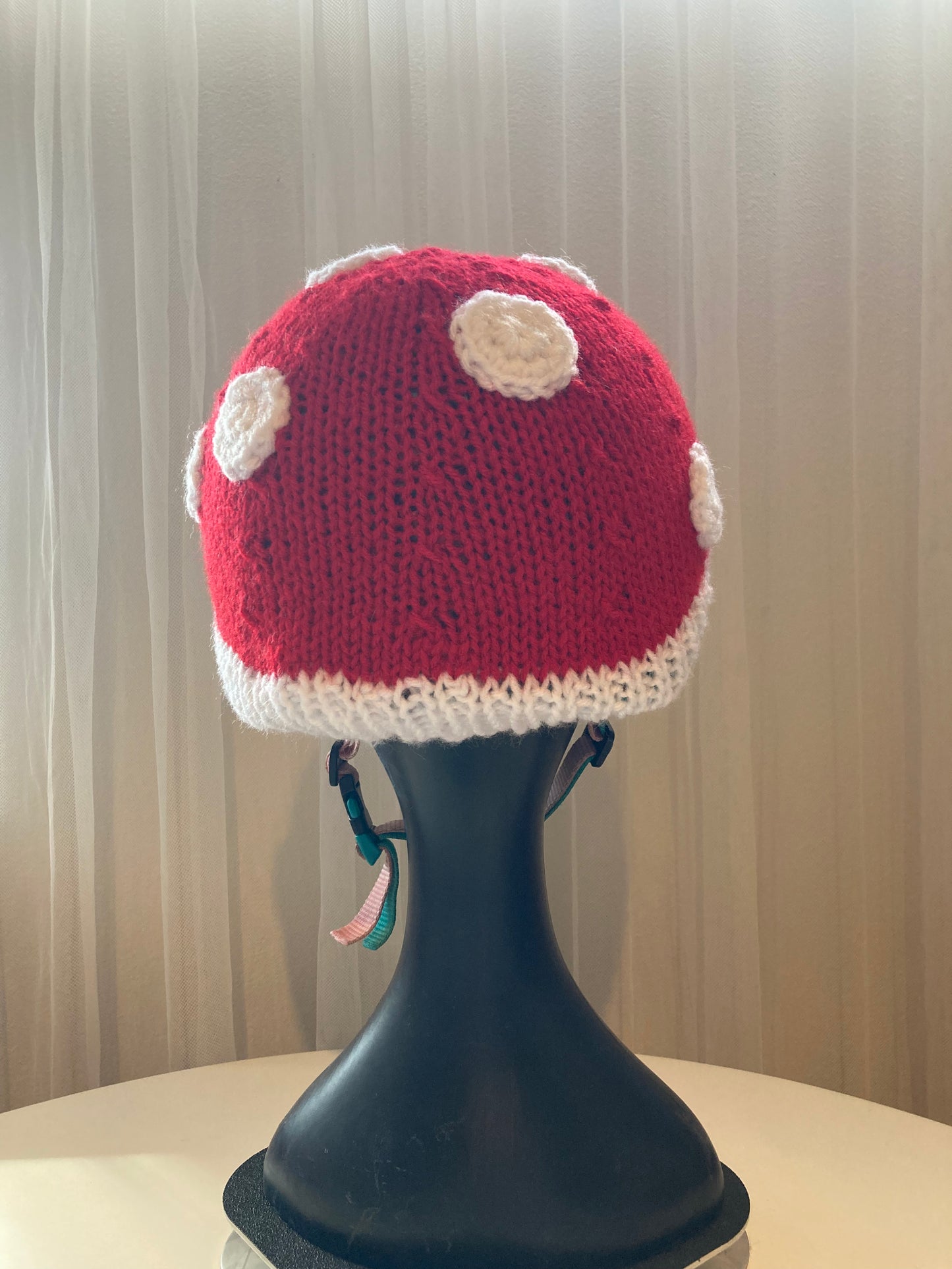 Handknitted and Crocheted Mushroom Helmet Beanie in Bright Red