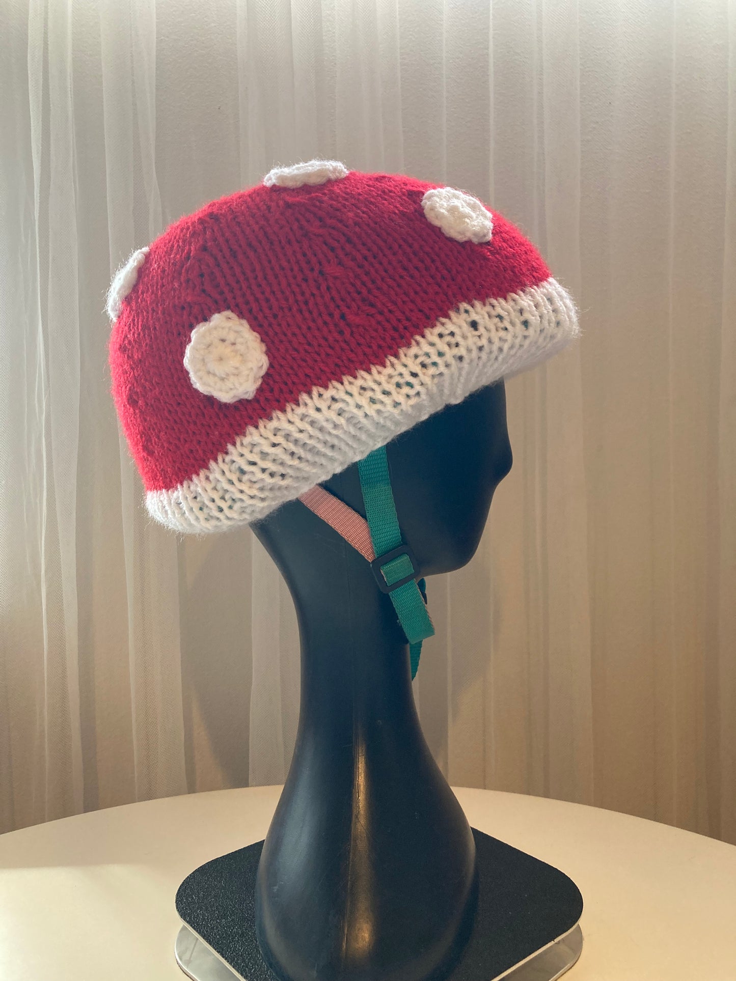 Handknitted and Crocheted Mushroom Helmet Beanie in Bright Red