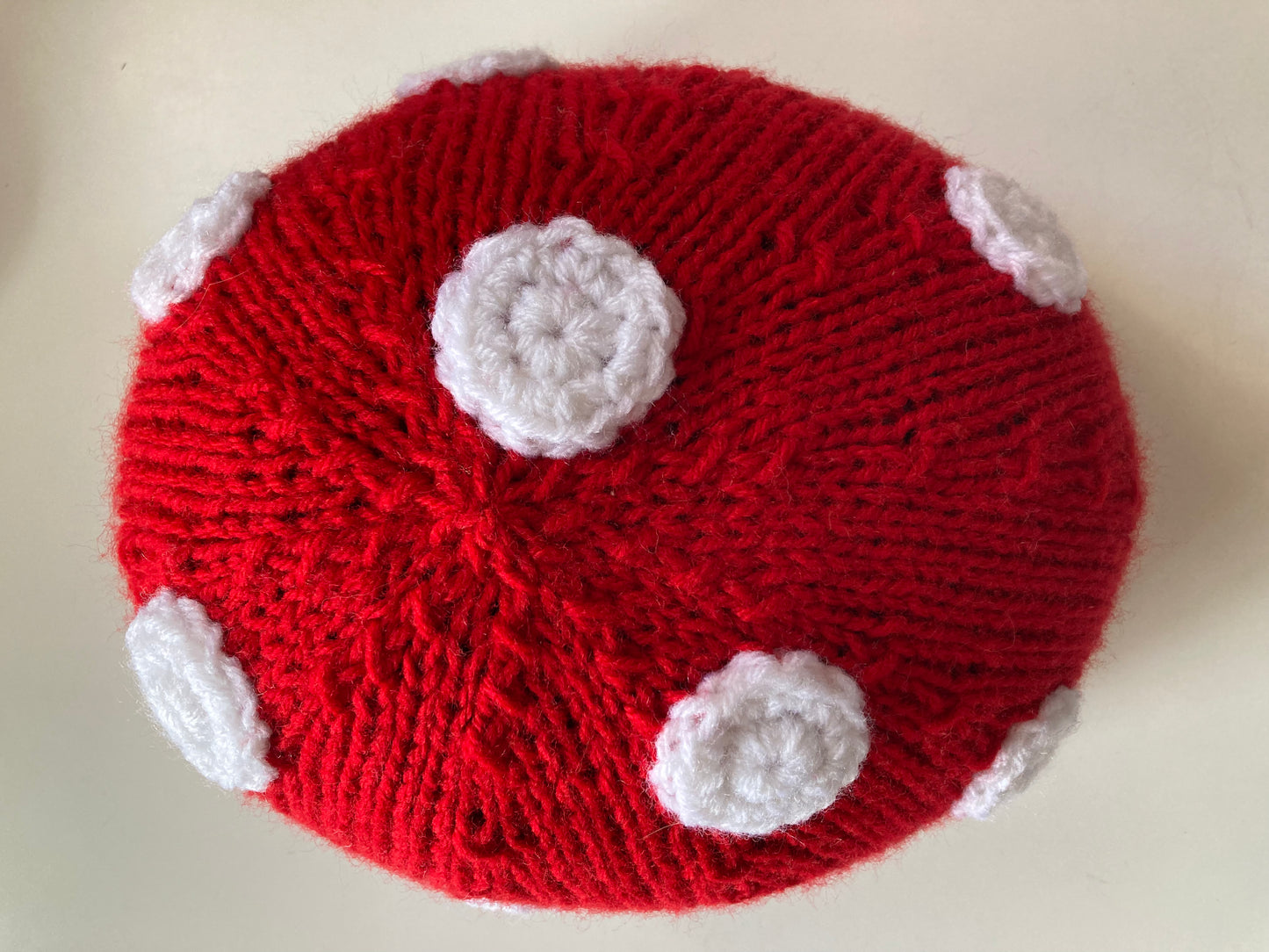 Handknitted and Crocheted Mushroom Helmet Beanie in Bright Red