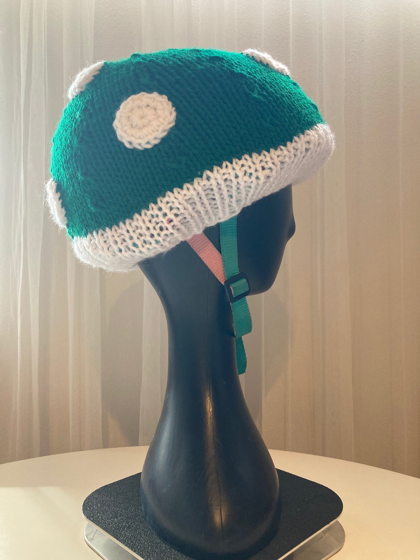 Handknitted and Crocheted Mushroom Helmet Beanie in Bold Green