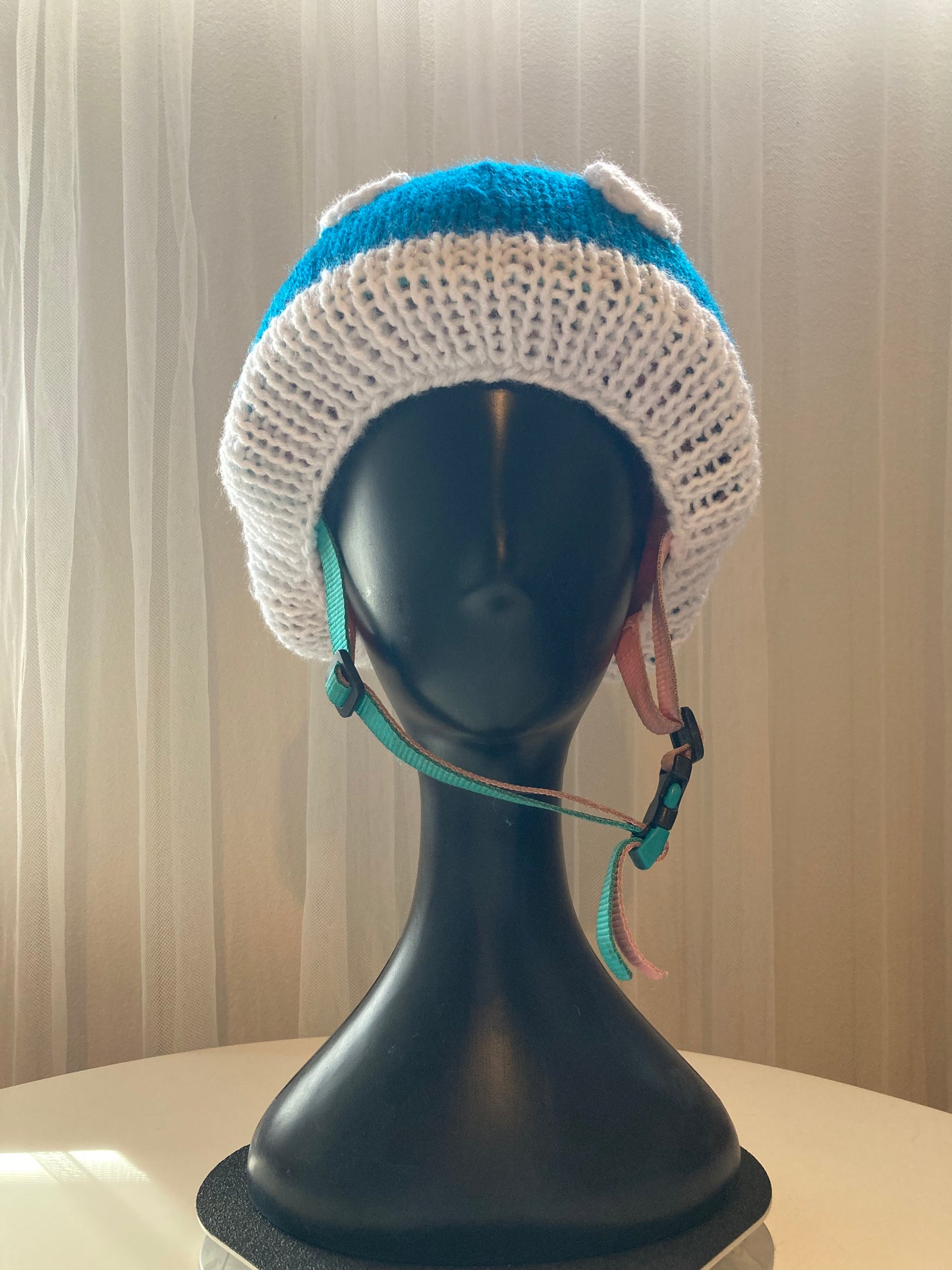 Handknitted and Crocheted Mushroom Helmet Beanie in Electric Blue