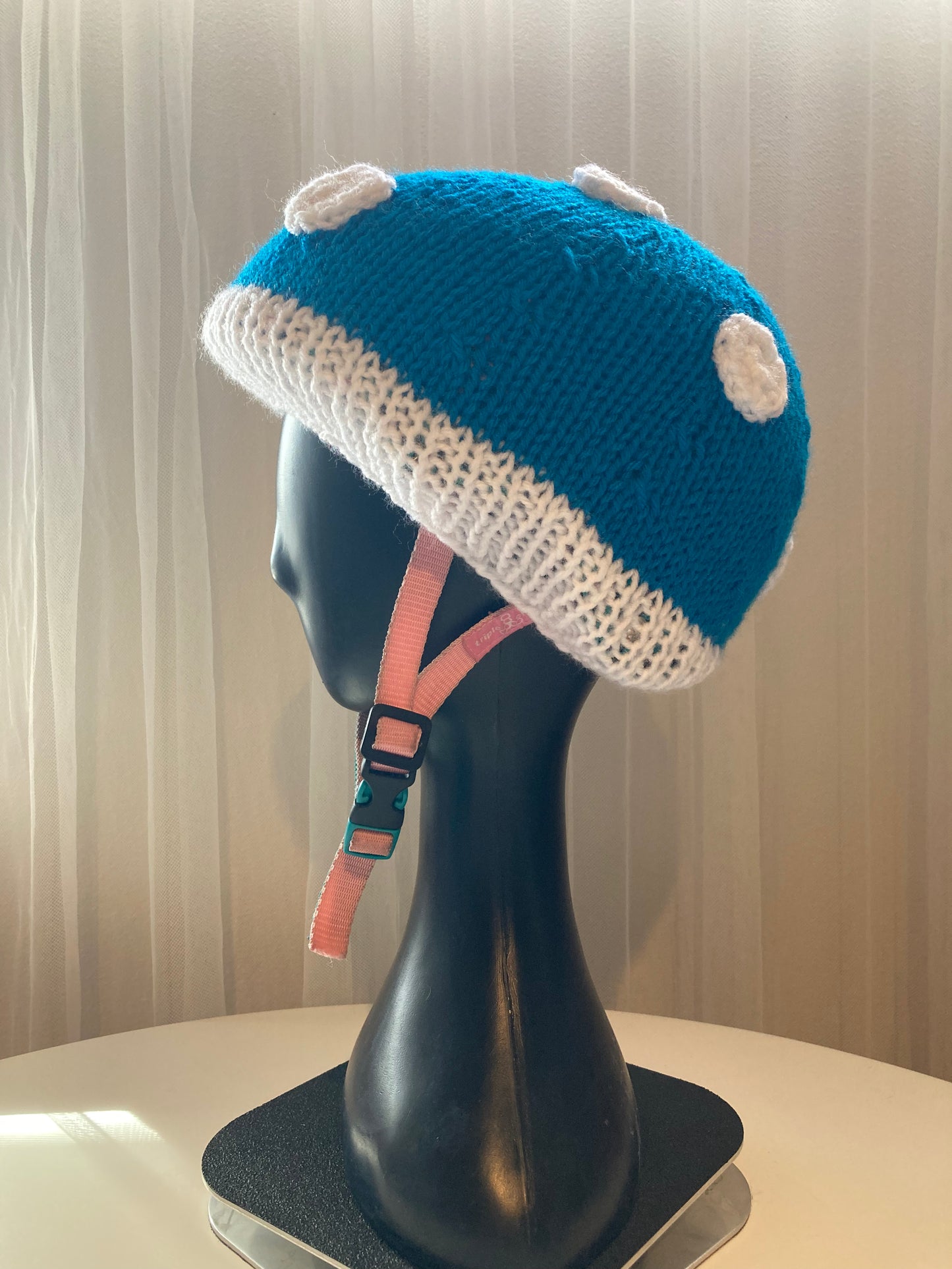 Handknitted and Crocheted Mushroom Helmet Beanie in Electric Blue