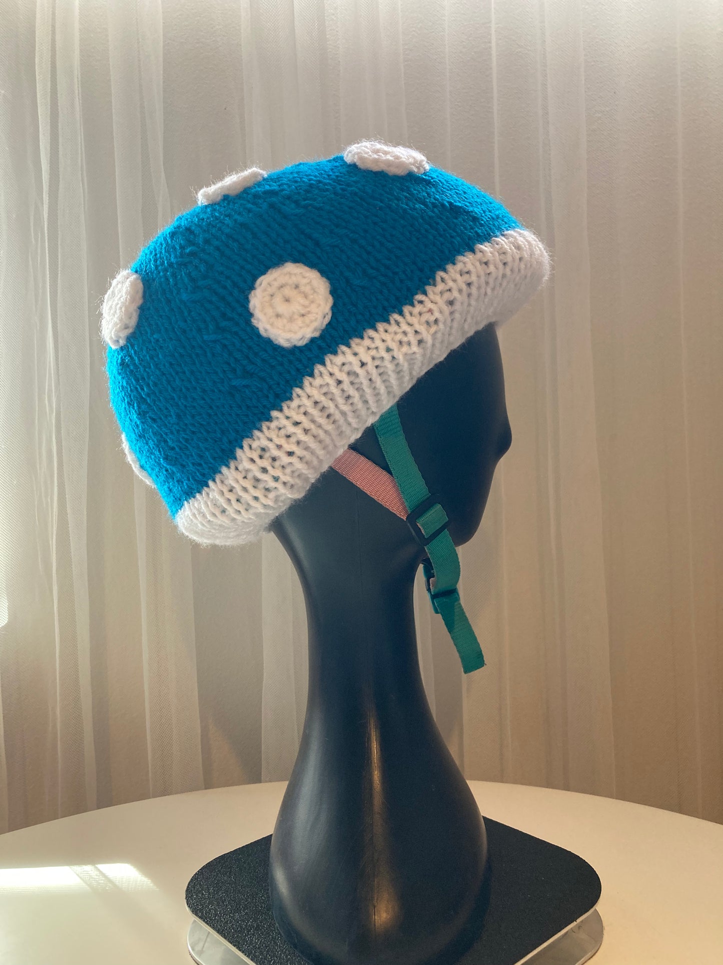 Handknitted and Crocheted Mushroom Helmet Beanie in Electric Blue