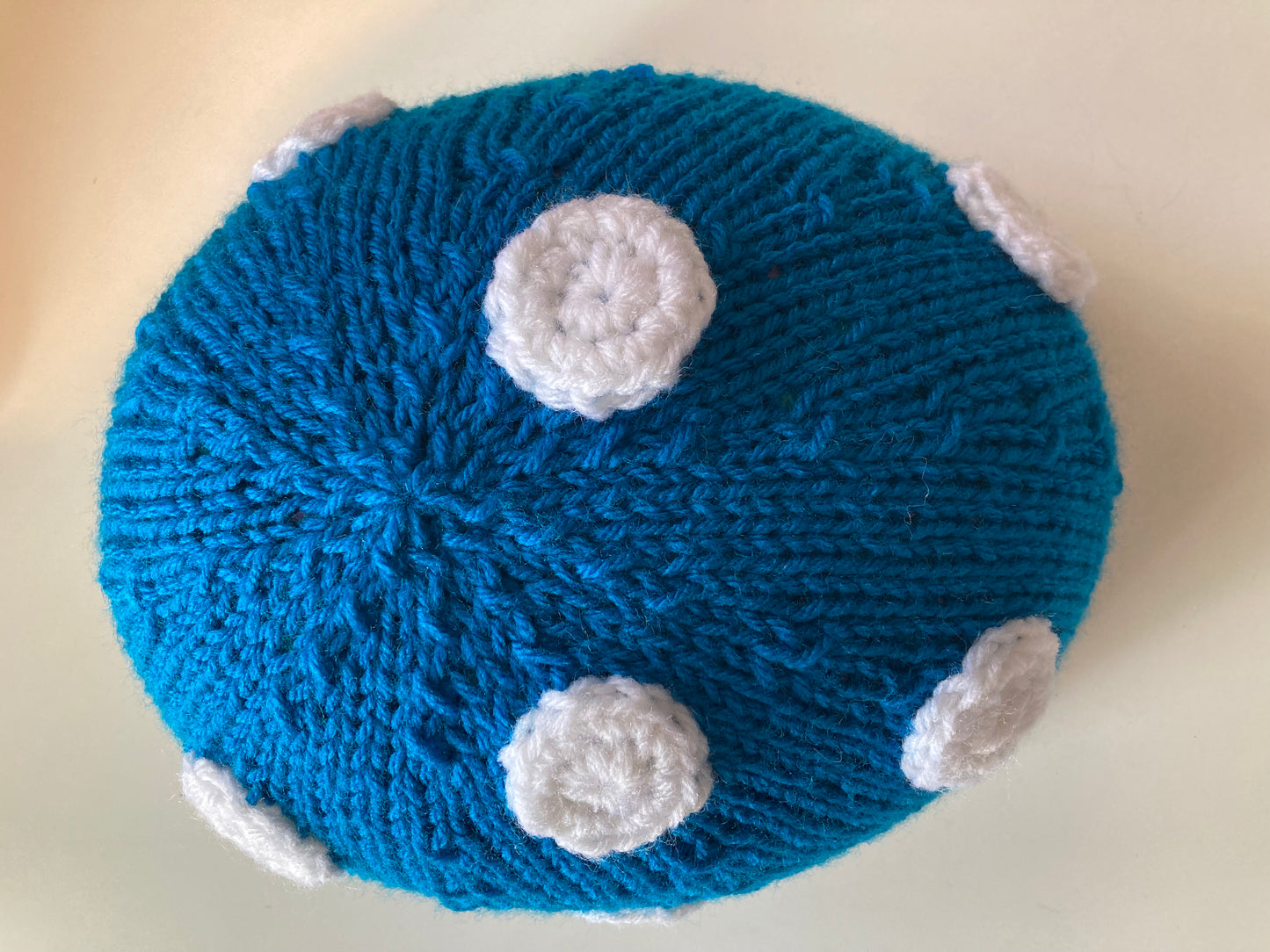 Handknitted and Crocheted Mushroom Helmet Beanie in Electric Blue