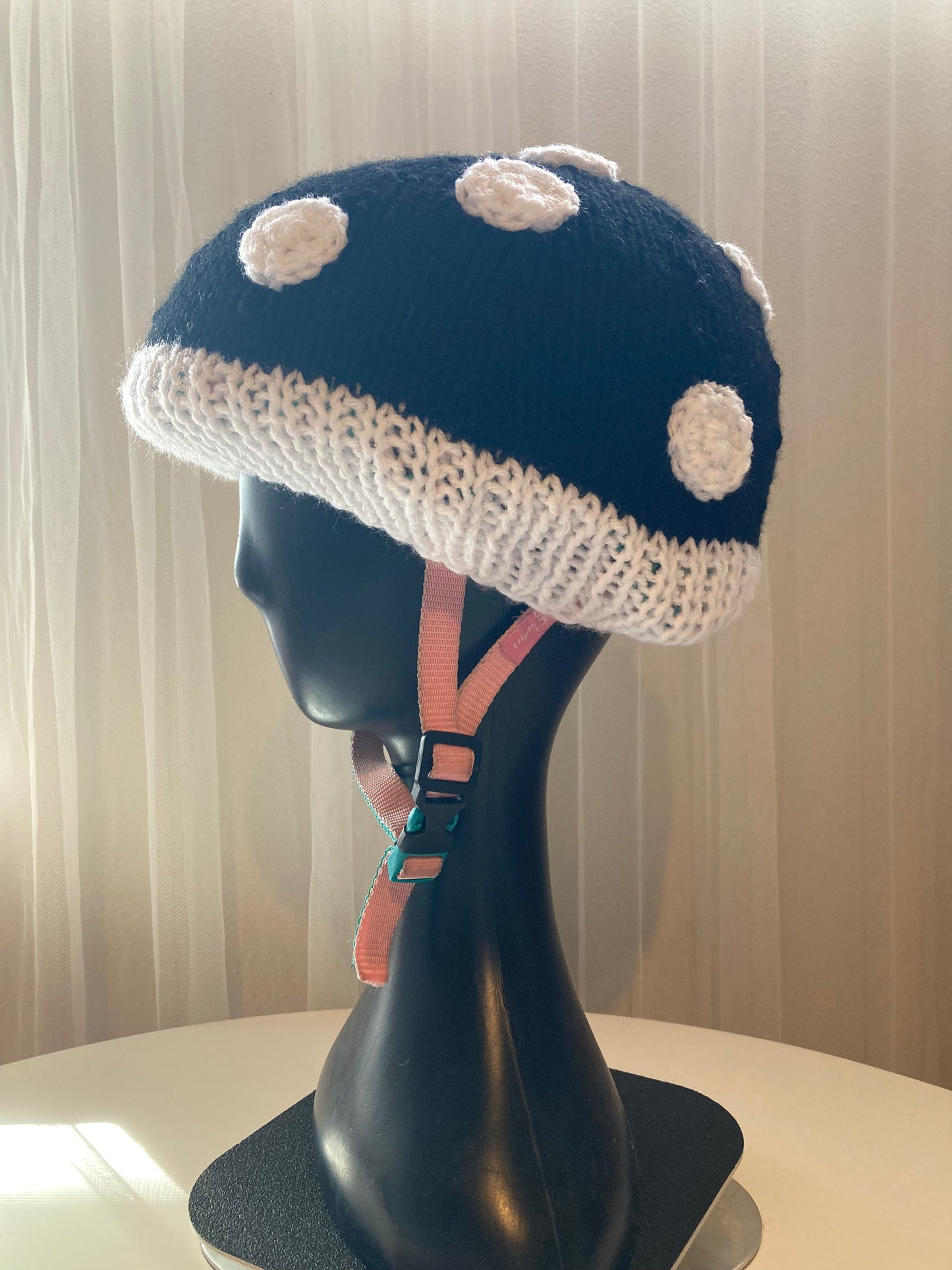 Handknitted and Crocheted Mushroom Helmet Beanie in Black