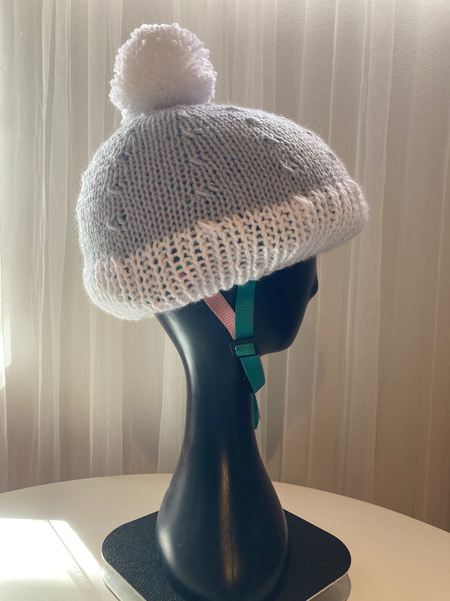 Handknitted Helmet Beanie with Extra Large Pom Pom in Light Gray and Snow White