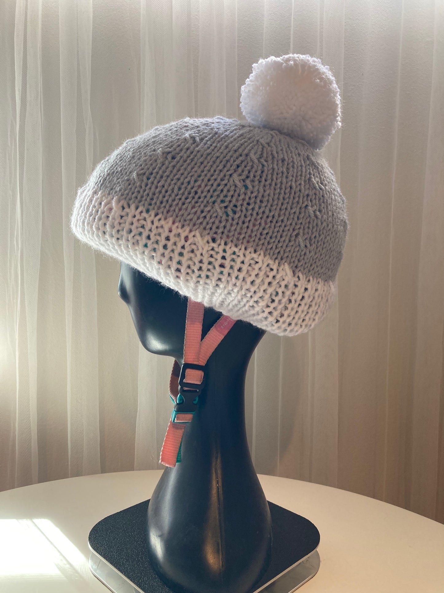 Handknitted Helmet Beanie with Extra Large Pom Pom in Light Gray and Snow White