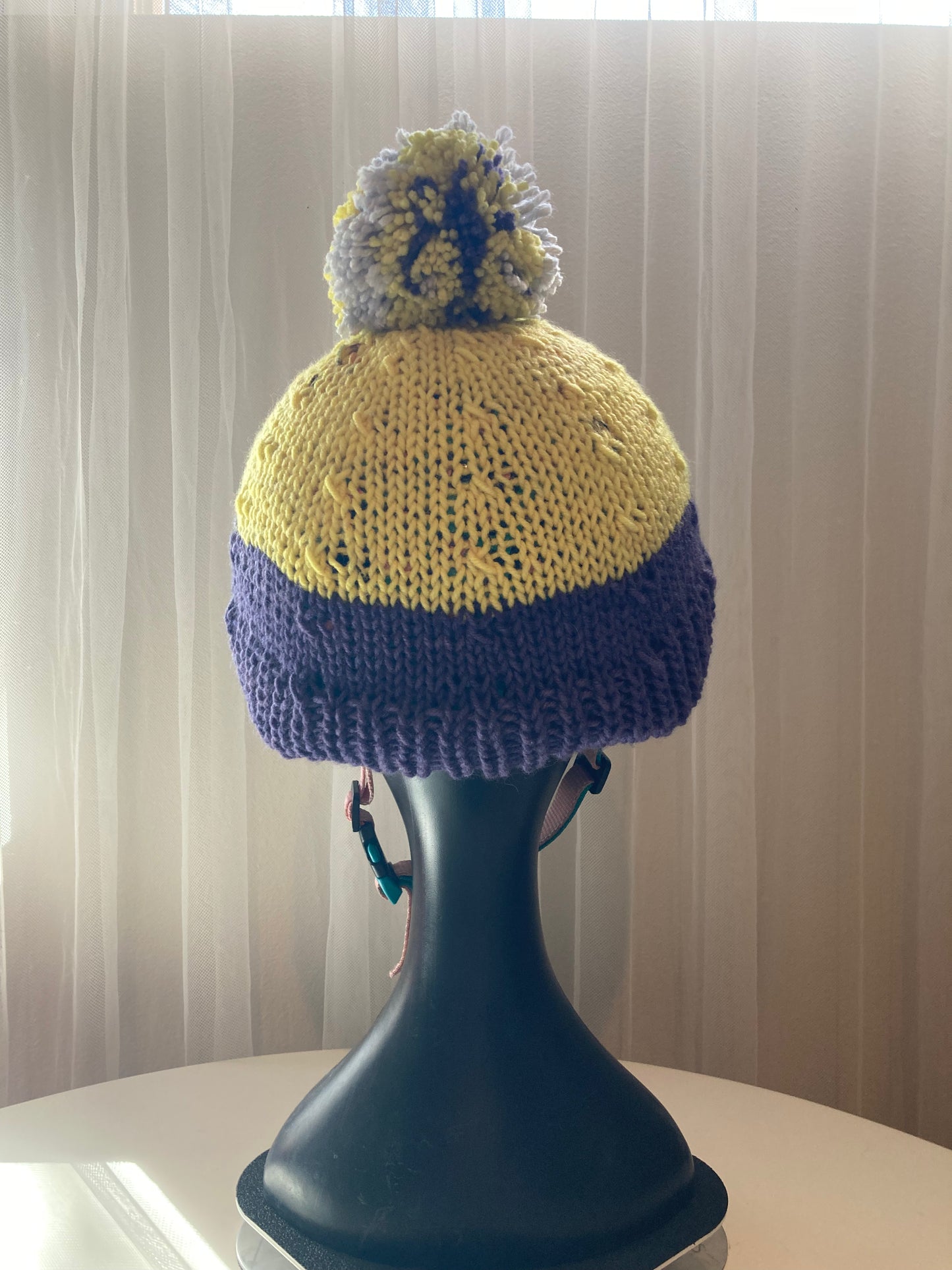 Handknitted Helmet Beanie with Extra Large Pom Pom in Indigo, Yellow and Gray