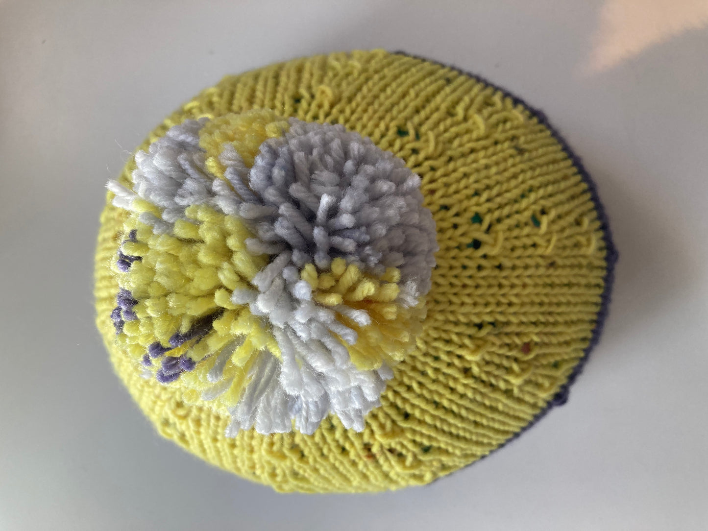 Handknitted Helmet Beanie with Extra Large Pom Pom in Indigo, Yellow and Gray