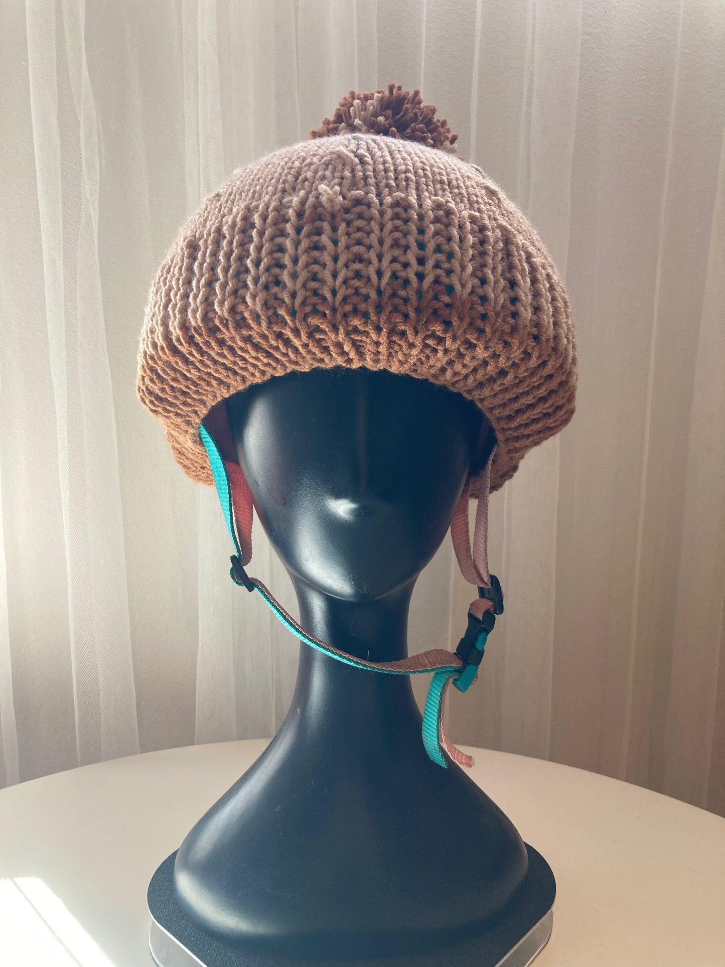 Handknitted Helmet Beanie with Extra Large Pom Pom in Coastal Tans and Gray
