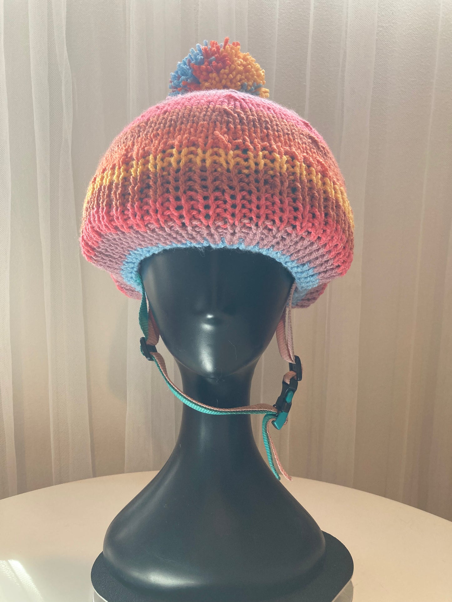 Handknitted Helmet Beanie with Extra Large Pom Pom in Rainbow Stripes #2