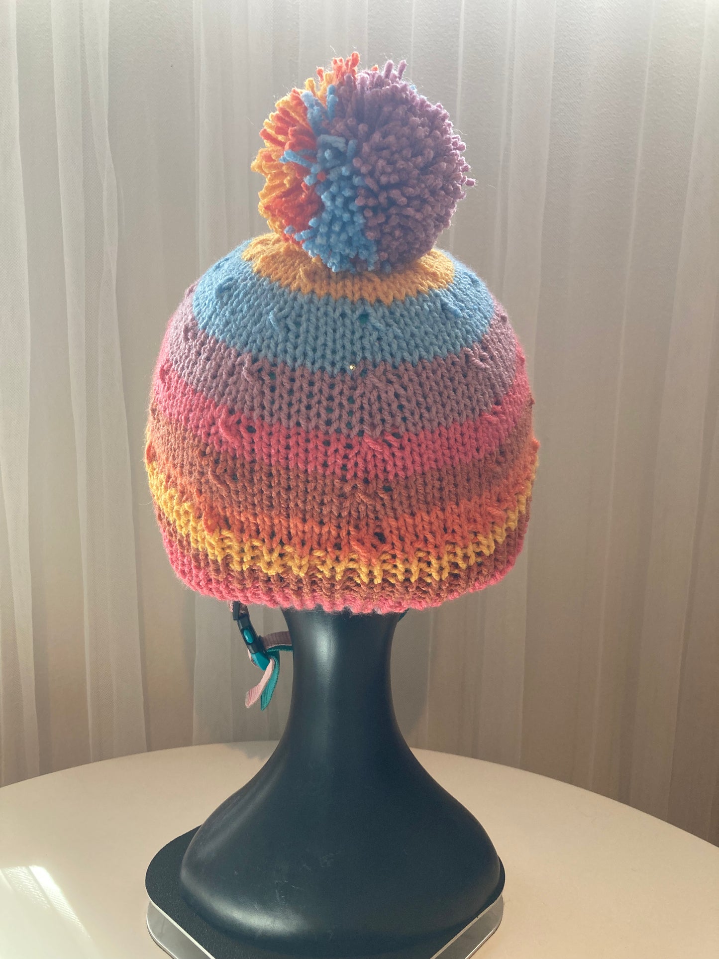 Handknitted Helmet Beanie with Extra Large Pom Pom in Rainbow Stripes #2