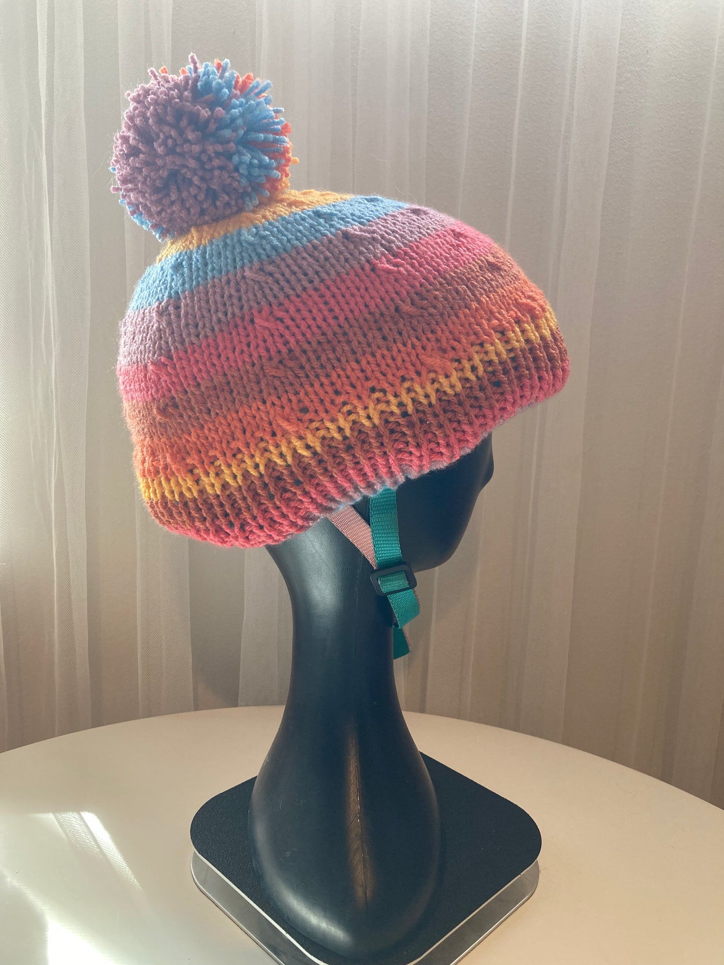 Handknitted Helmet Beanie with Extra Large Pom Pom in Rainbow Stripes #2