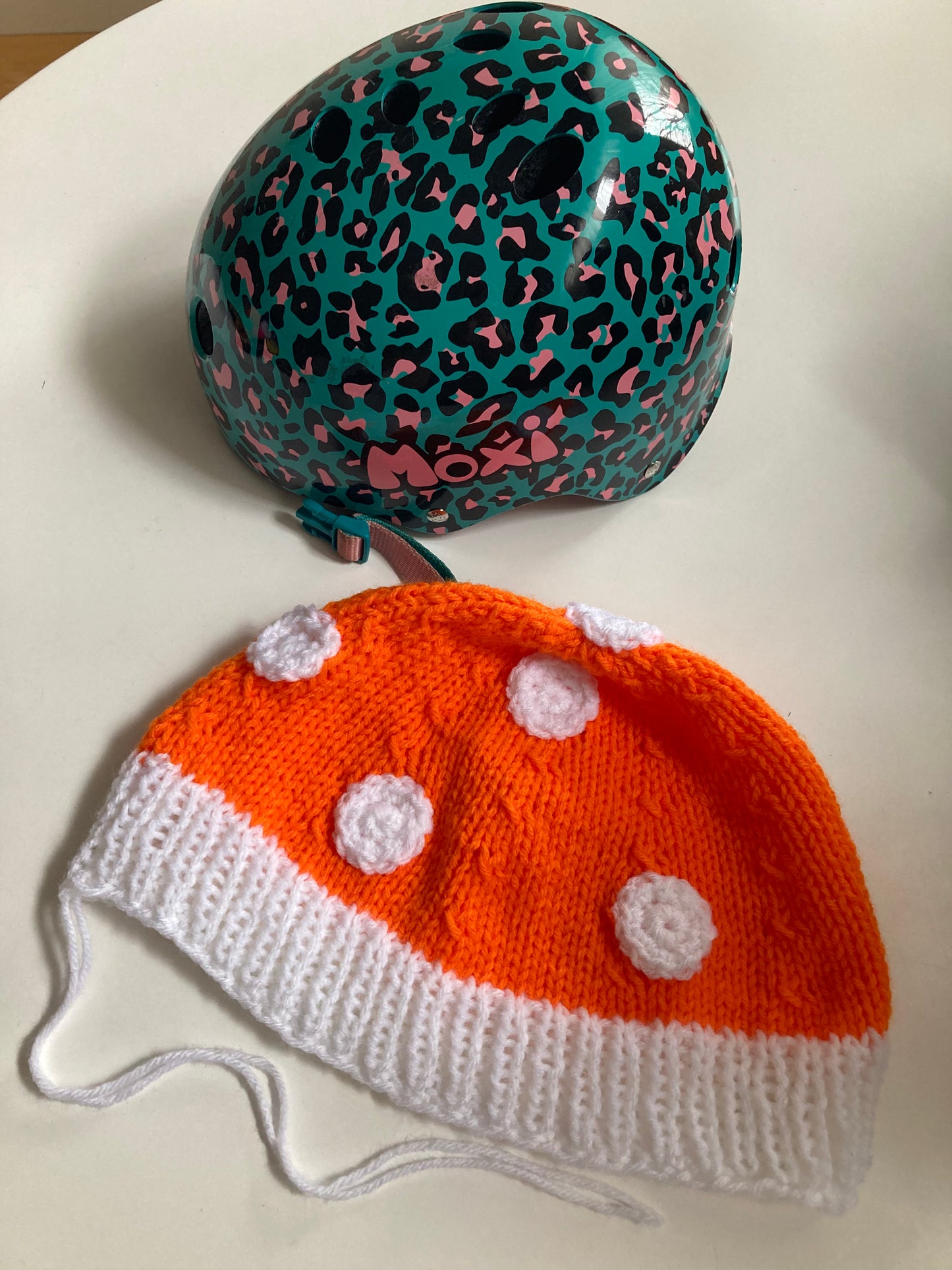 Handknitted and Crocheted Mushroom Helmet Beanie in Neon Orange