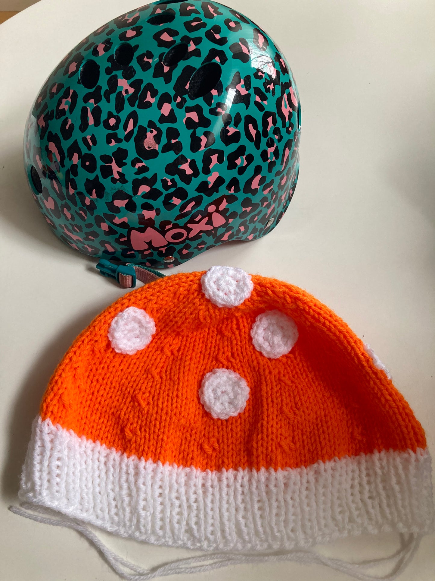 Handknitted and Crocheted Mushroom Helmet Beanie in Neon Orange