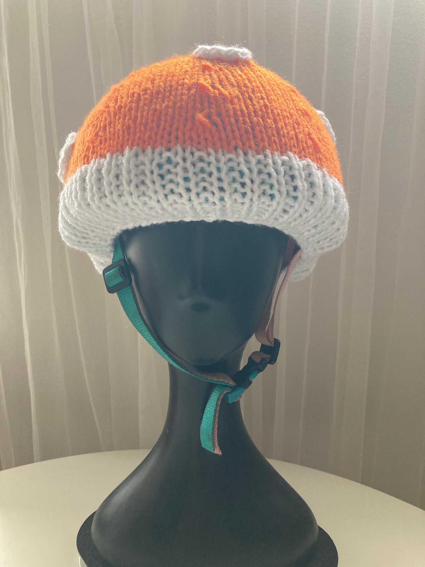 Handknitted and Crocheted Mushroom Helmet Beanie in Neon Orange