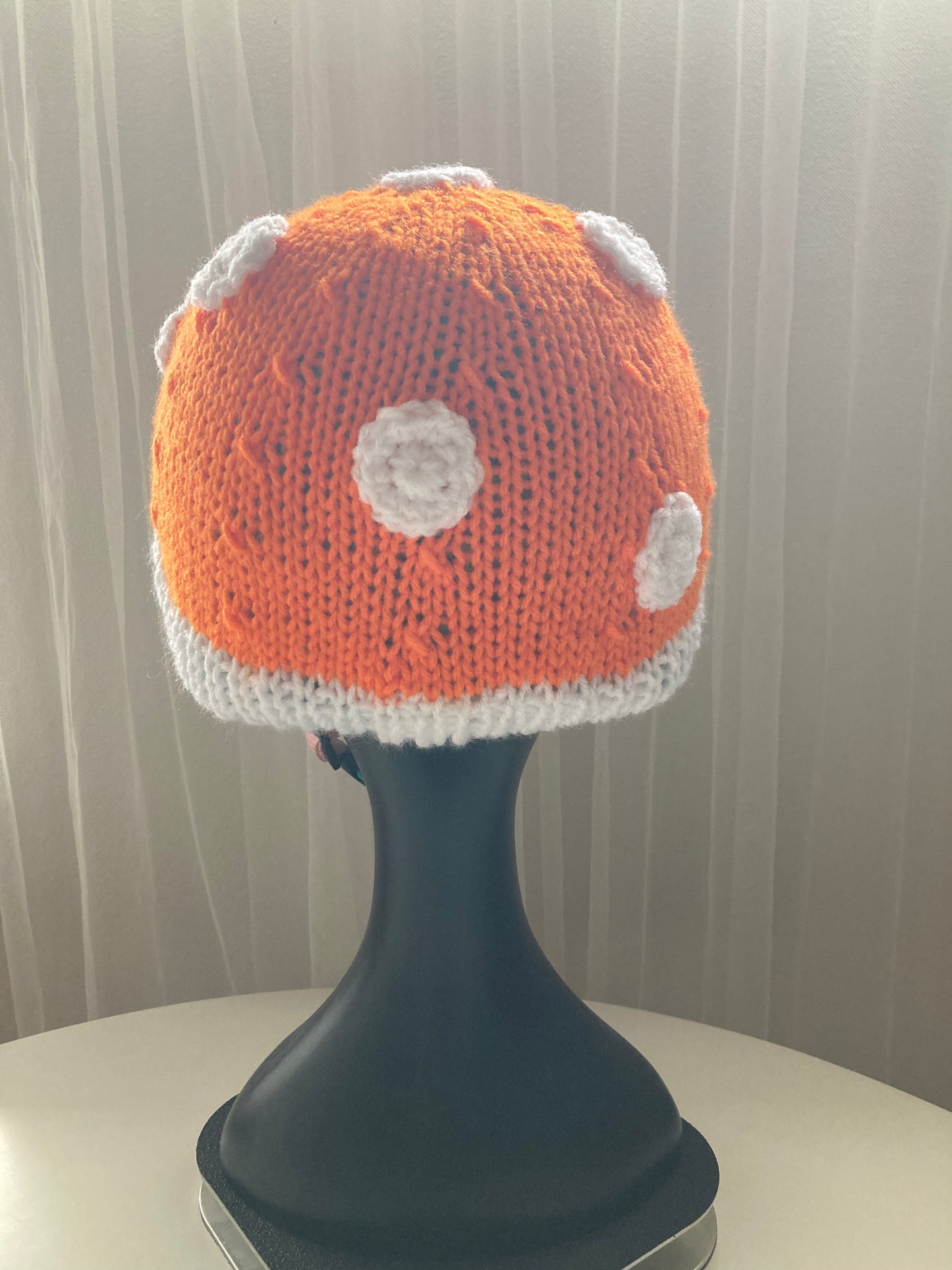 Handknitted and Crocheted Mushroom Helmet Beanie in Neon Orange