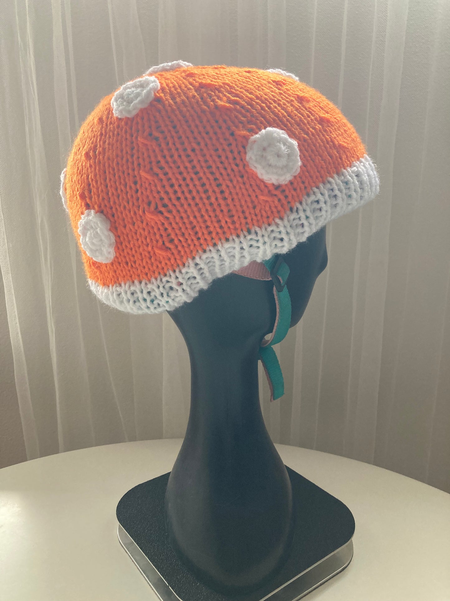 Handknitted and Crocheted Mushroom Helmet Beanie in Neon Orange