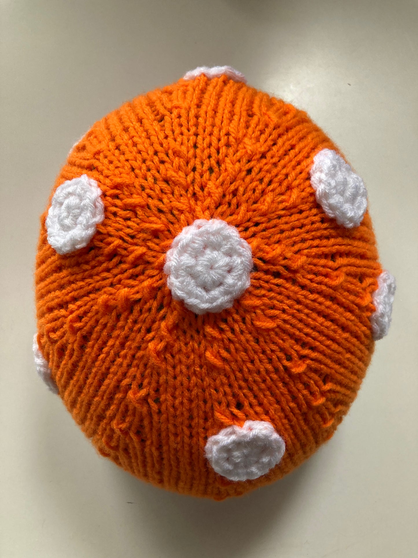Handknitted and Crocheted Mushroom Helmet Beanie in Neon Orange