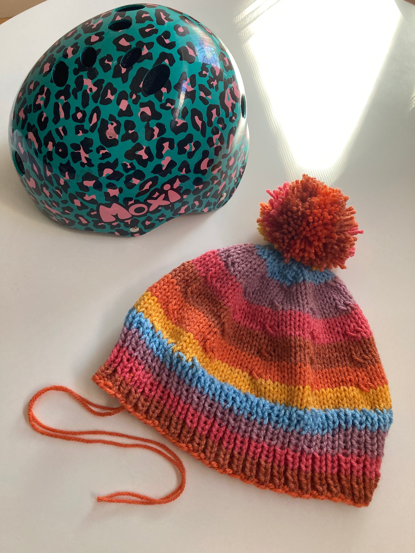 Handknitted Helmet Beanie with Extra Large Pom Pom in Rainbow Stripes #3
