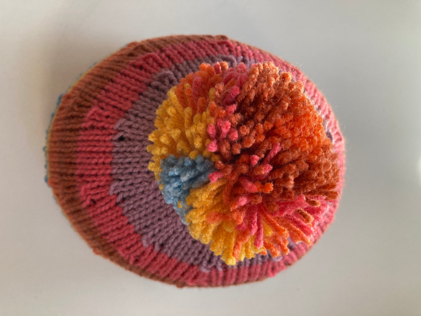 Handknitted Helmet Beanie with Extra Large Pom Pom in Rainbow Stripes #3
