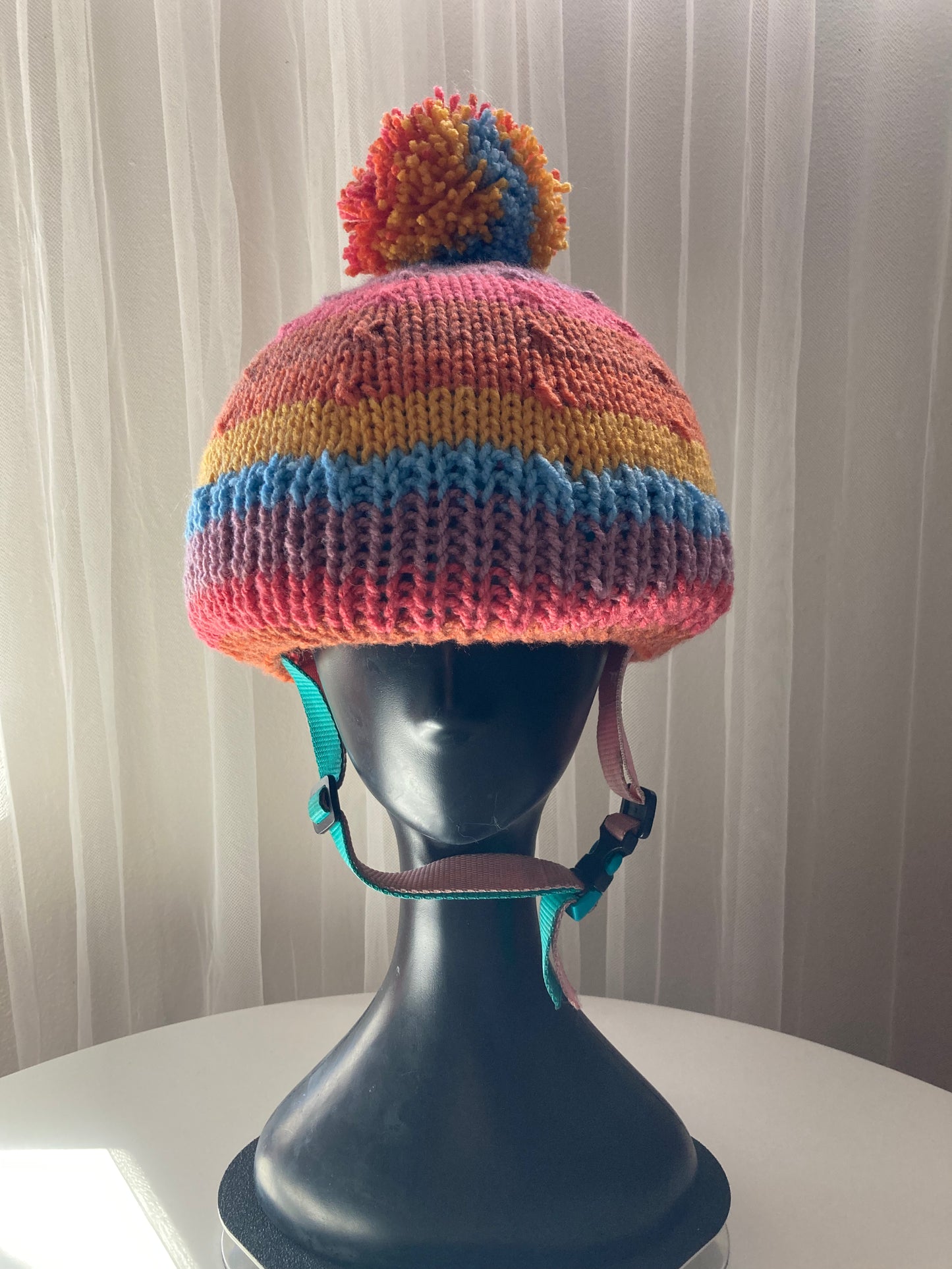 Handknitted Helmet Beanie with Extra Large Pom Pom in Rainbow Stripes #3