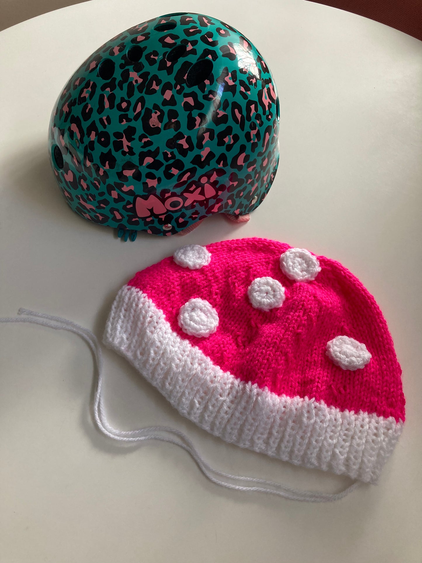 Handknitted and Crocheted Mushroom Helmet Beanie in Neon Pink