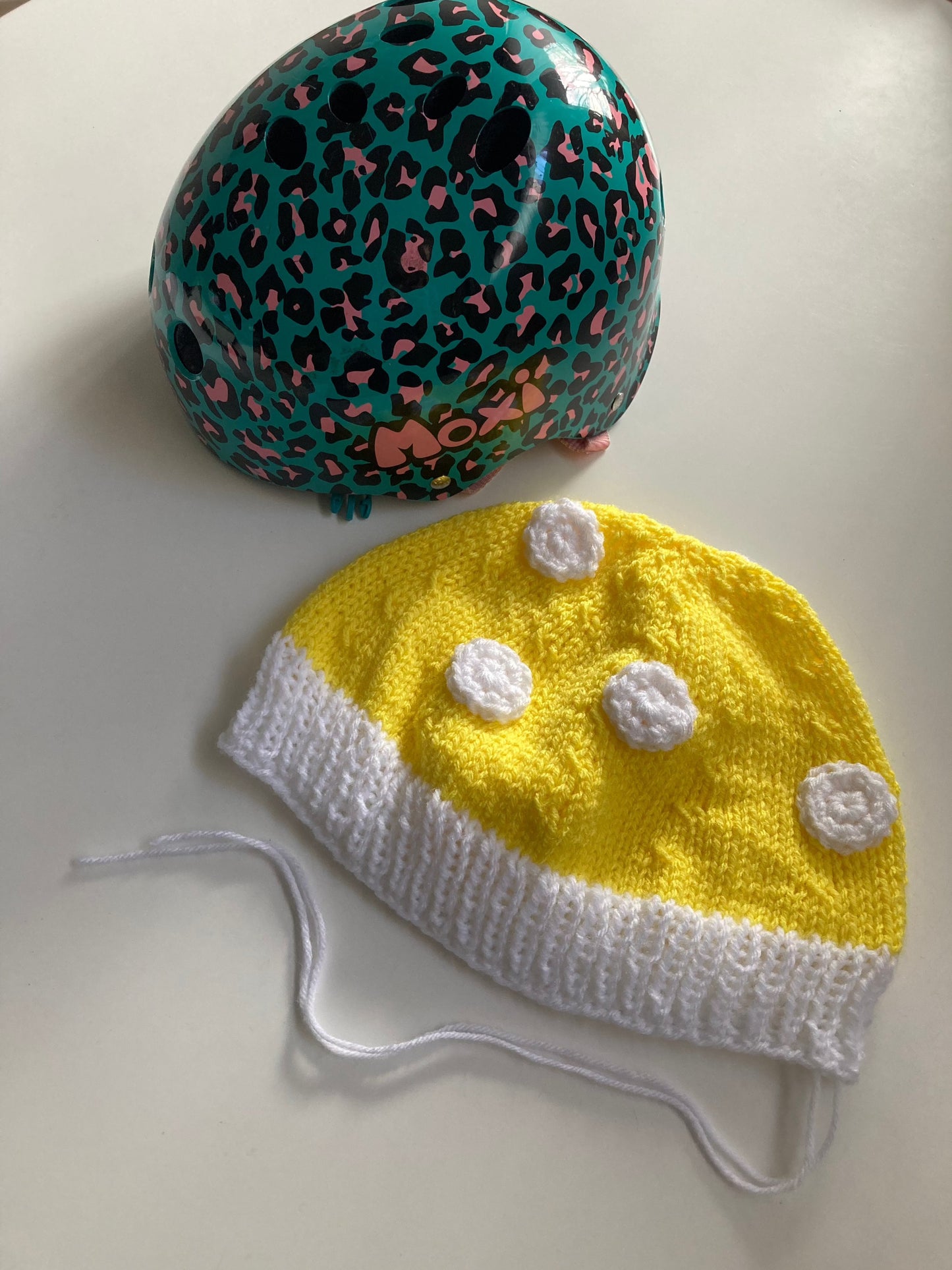 Handknitted and Crocheted Mushroom Helmet Beanie in Neon Yellow