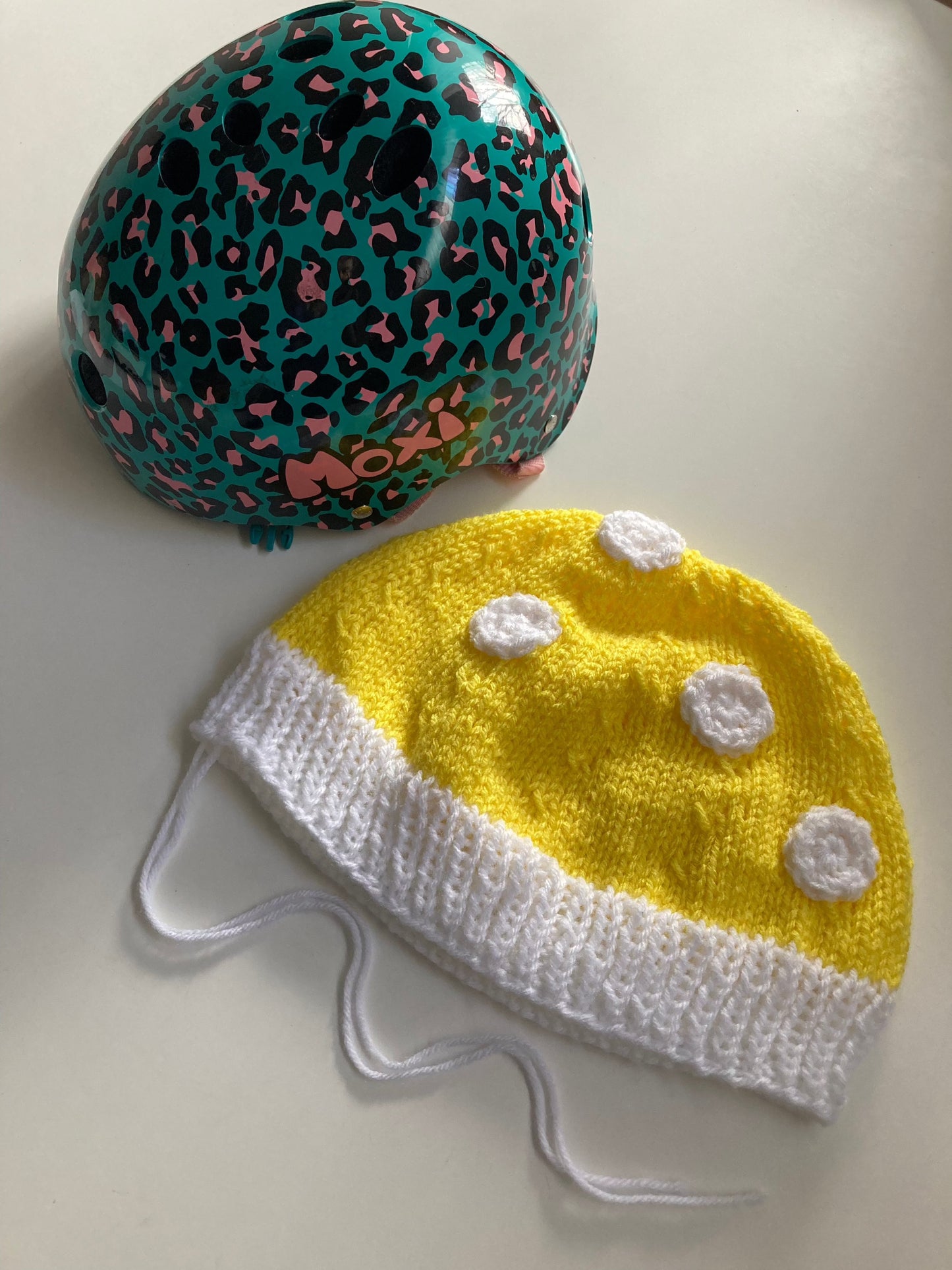 Handknitted and Crocheted Mushroom Helmet Beanie in Neon Yellow