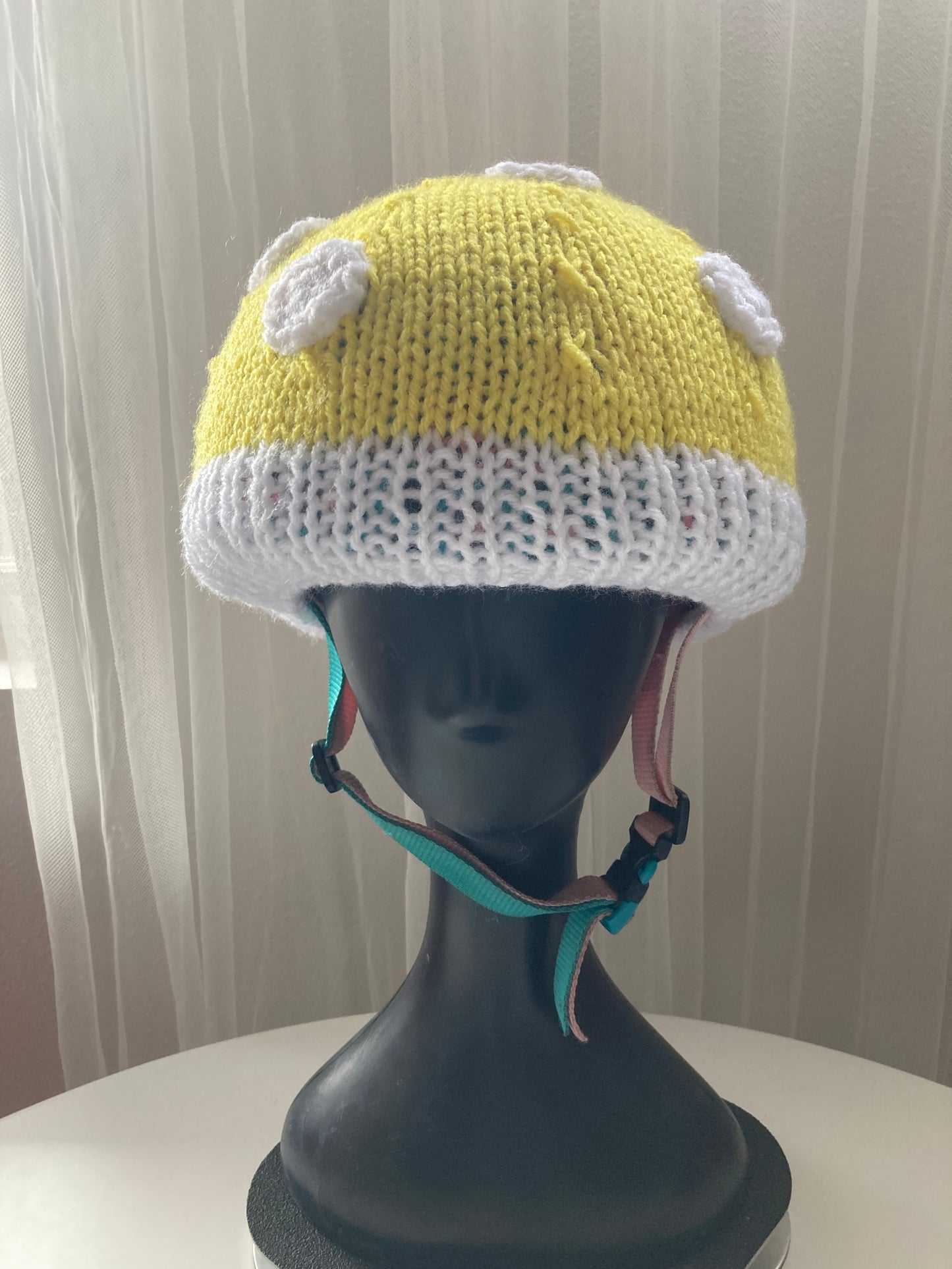 Handknitted and Crocheted Mushroom Helmet Beanie in Neon Yellow
